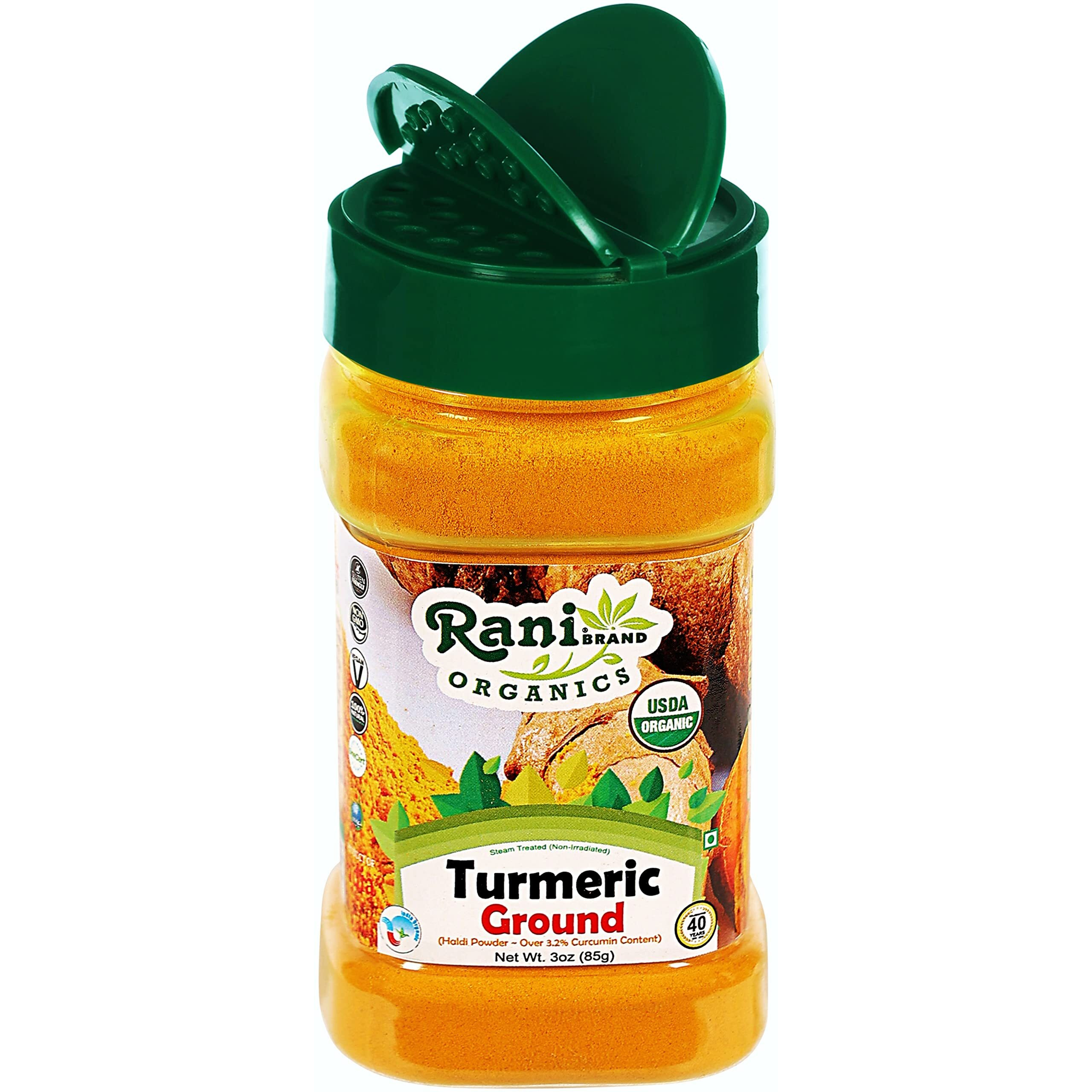 Rani Organic Turmeric (Haldi) Root Powder Spice, (High Curcumin Content) 3oz (85g) PET Jar ~ All Natural, Vegan, Gluten Friendly, NON-GMO, Indian Origin, USDA Certified Organic