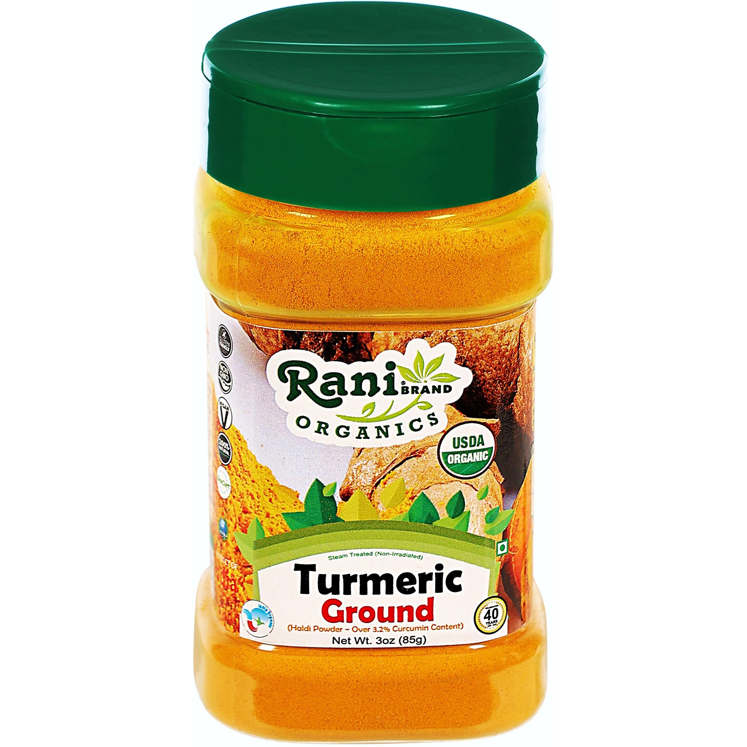Rani Organic Turmeric (Haldi) Root Powder Spice, (High Curcumin Content) 3oz (85g) PET Jar ~ All Natural, Vegan, Gluten Friendly, NON-GMO, Indian Origin, USDA Certified Organic
