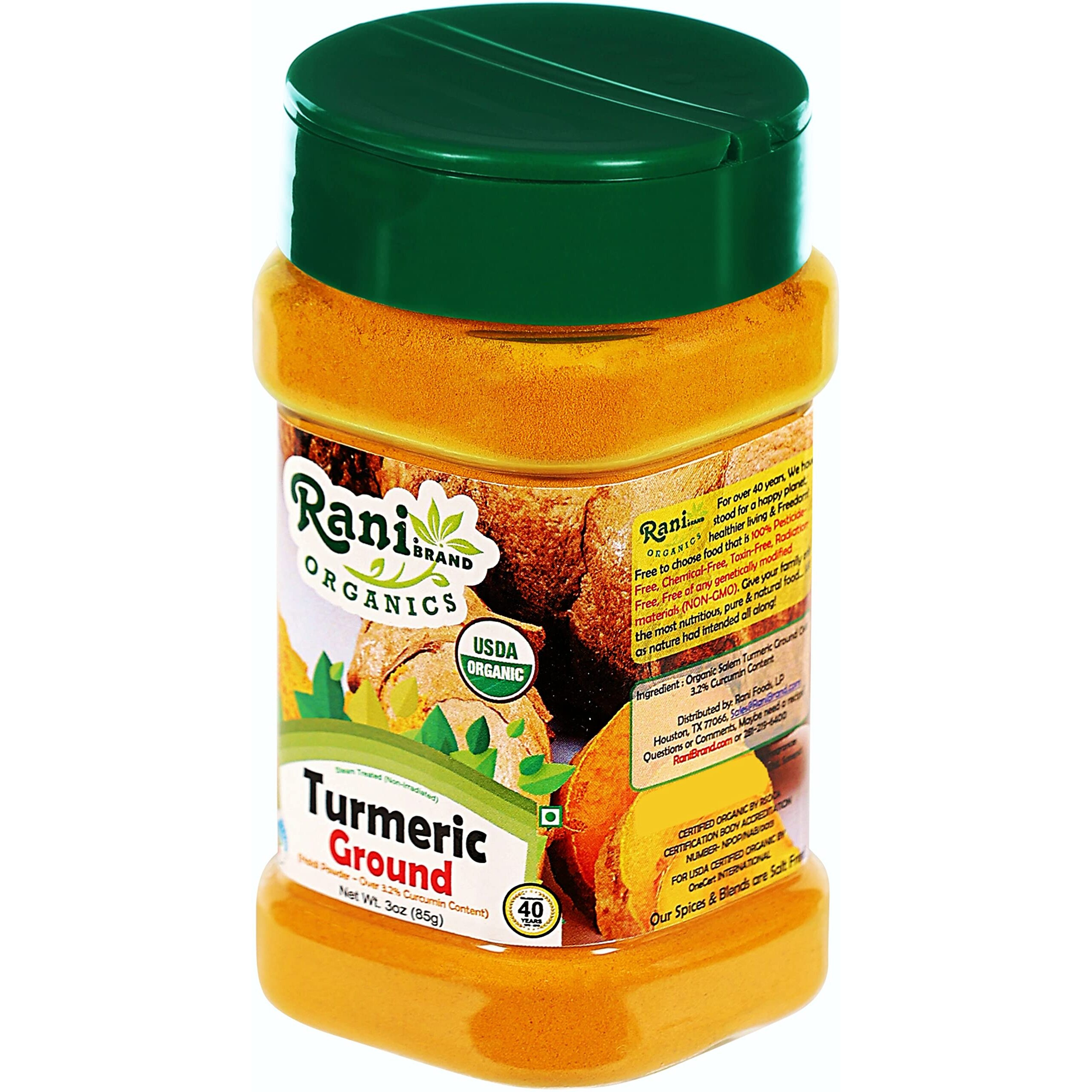 Rani Organic Turmeric (Haldi) Root Powder Spice, (High Curcumin Content) 3oz (85g) PET Jar ~ All Natural, Vegan, Gluten Friendly, NON-GMO, Indian Origin, USDA Certified Organic