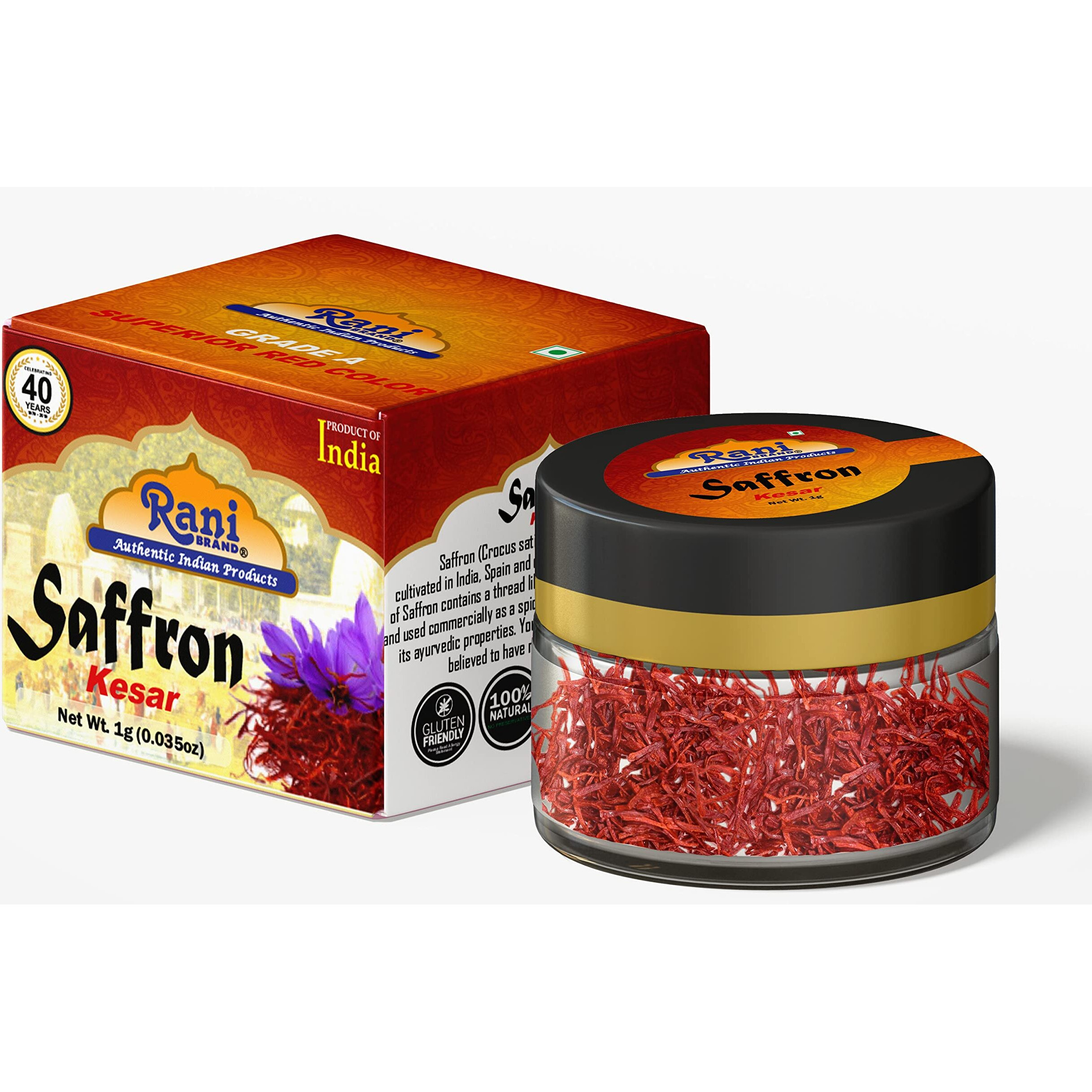 Rani Pure Saffron (Kesar) from India, Fragrant & Full Flavor, Great for Cooking, Tea & Medicinal, Grade A all red threads, 1gm (0.035oz) PET Jar ~ All Natural, Vegan| Gluten Friendly, NON-GMO