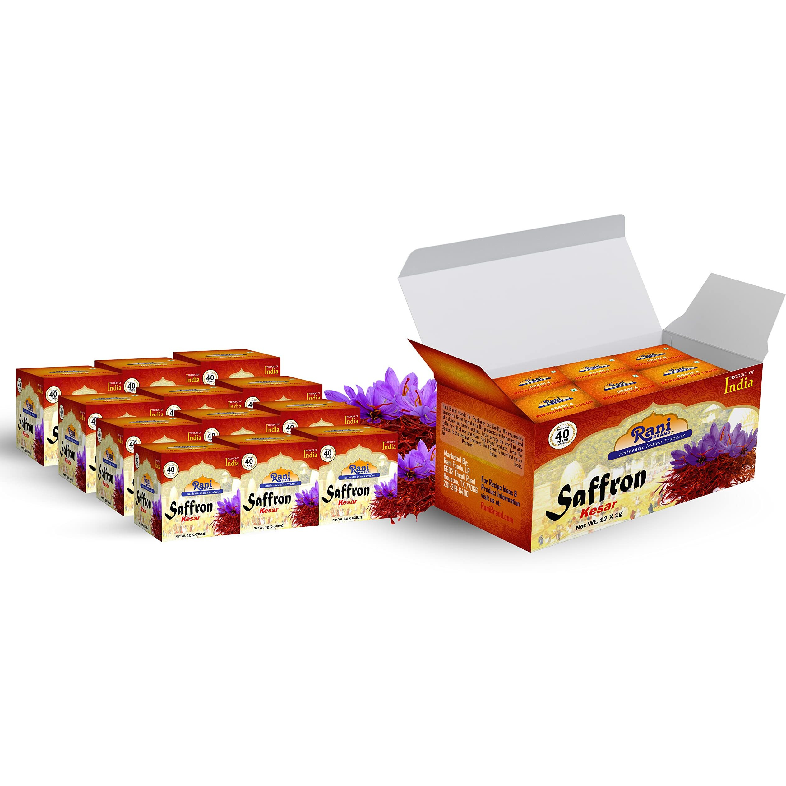 Rani Pure Saffron (Kesar) from India, Fragrant & Full Flavor, Great for Cooking, Tea & Medicinal, Grade A all red threads, 1gm (0.035oz), Pack of 12, PET Jar ~ All Natural, Vegan, Gluten Friendly