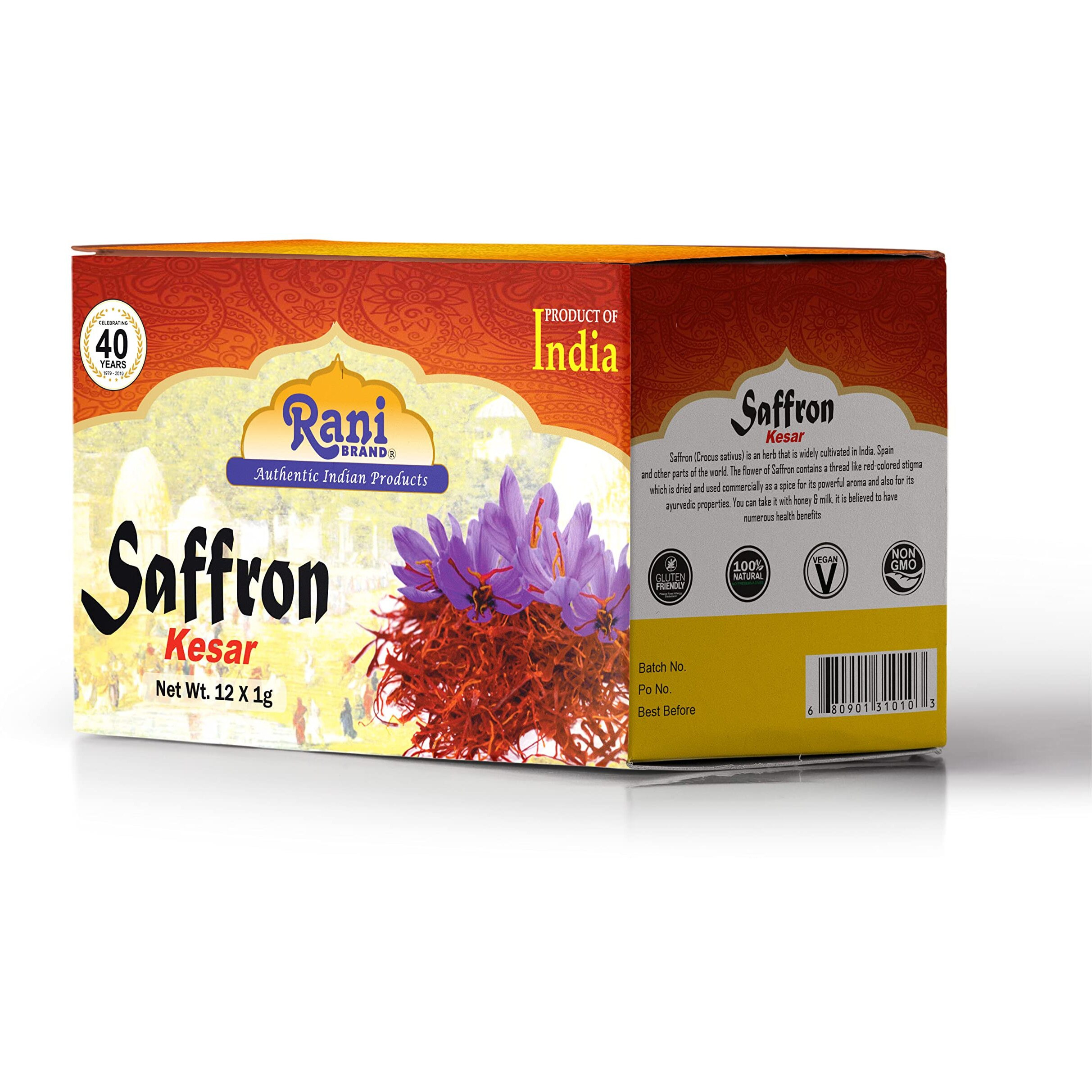 Rani Pure Saffron (Kesar) from India, Fragrant & Full Flavor, Great for Cooking, Tea & Medicinal, Grade A all red threads, 1gm (0.035oz), Pack of 12, PET Jar ~ All Natural, Vegan, Gluten Friendly