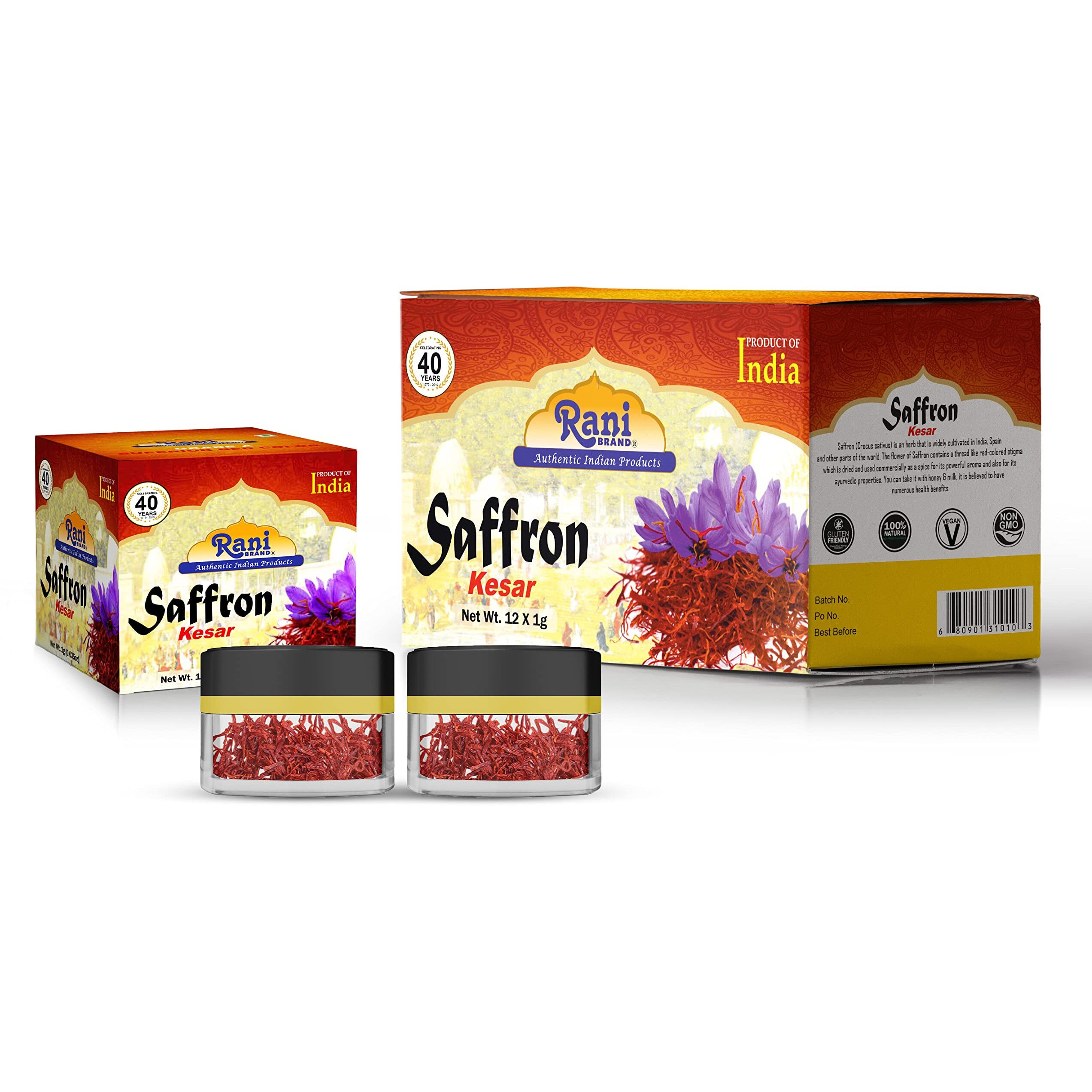 Rani Pure Saffron (Kesar) from India, Fragrant & Full Flavor, Great for Cooking, Tea & Medicinal, Grade A all red threads, 1gm (0.035oz), Pack of 12, PET Jar ~ All Natural, Vegan, Gluten Friendly