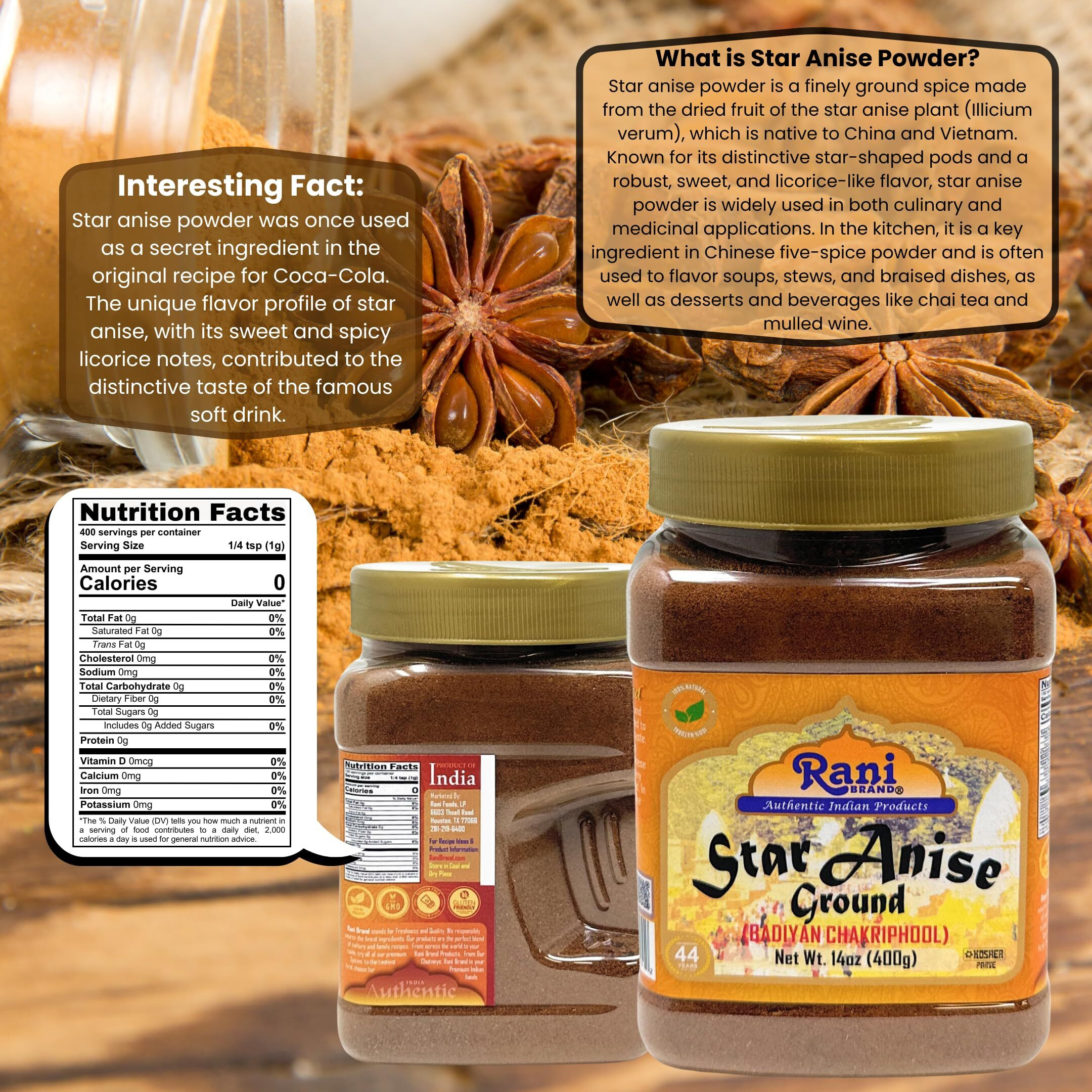 Rani Star Anise Powder (Badian Khatai) Ground Spice 14oz (400g) PET Jar ~ All Natural, Gluten Friendly, NON-GMO, Kosher, Vegan, Indian Origin (Size 14oz (400g))