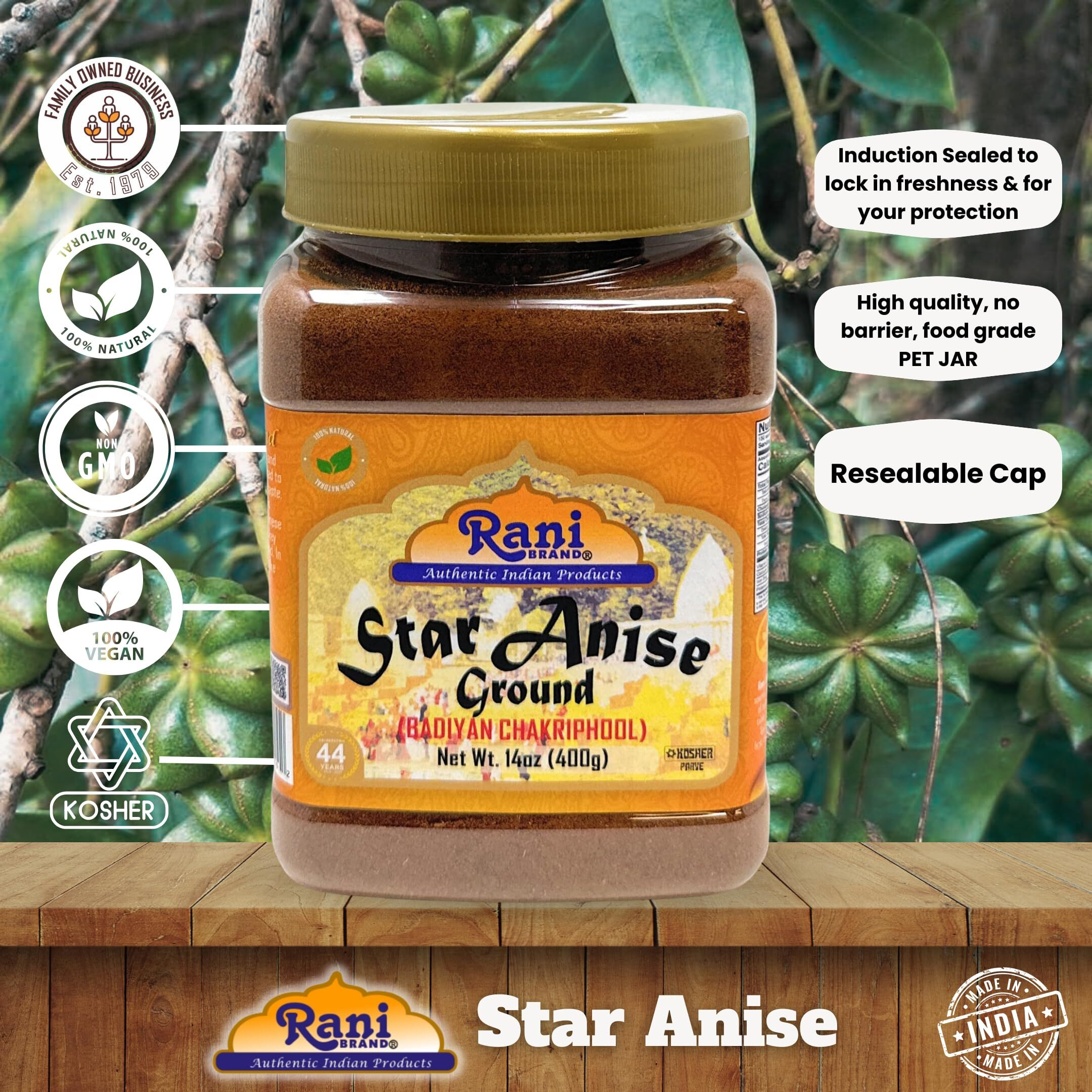 Rani Star Anise Powder (Badian Khatai) Ground Spice 14oz (400g) PET Jar ~ All Natural, Gluten Friendly, NON-GMO, Kosher, Vegan, Indian Origin (Size 14oz (400g))