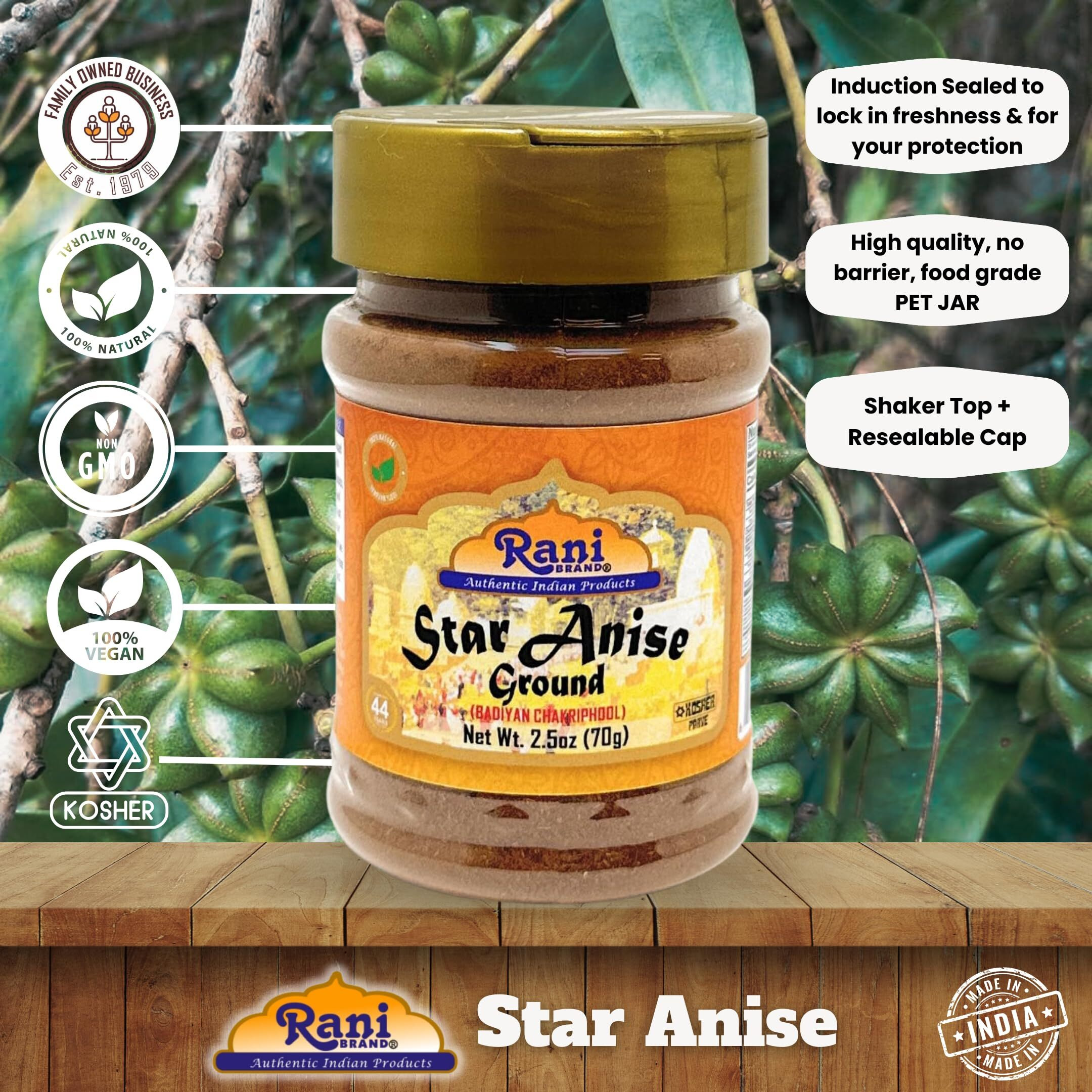 Rani Star Anise Powder (Badian Khatai) Ground Spice 2.5oz (70g) PET Jar ~ All Natural, Gluten Friendly, NON-GMO, Kosher, Vegan, Indian Origin (Size 2.5oz (70g))