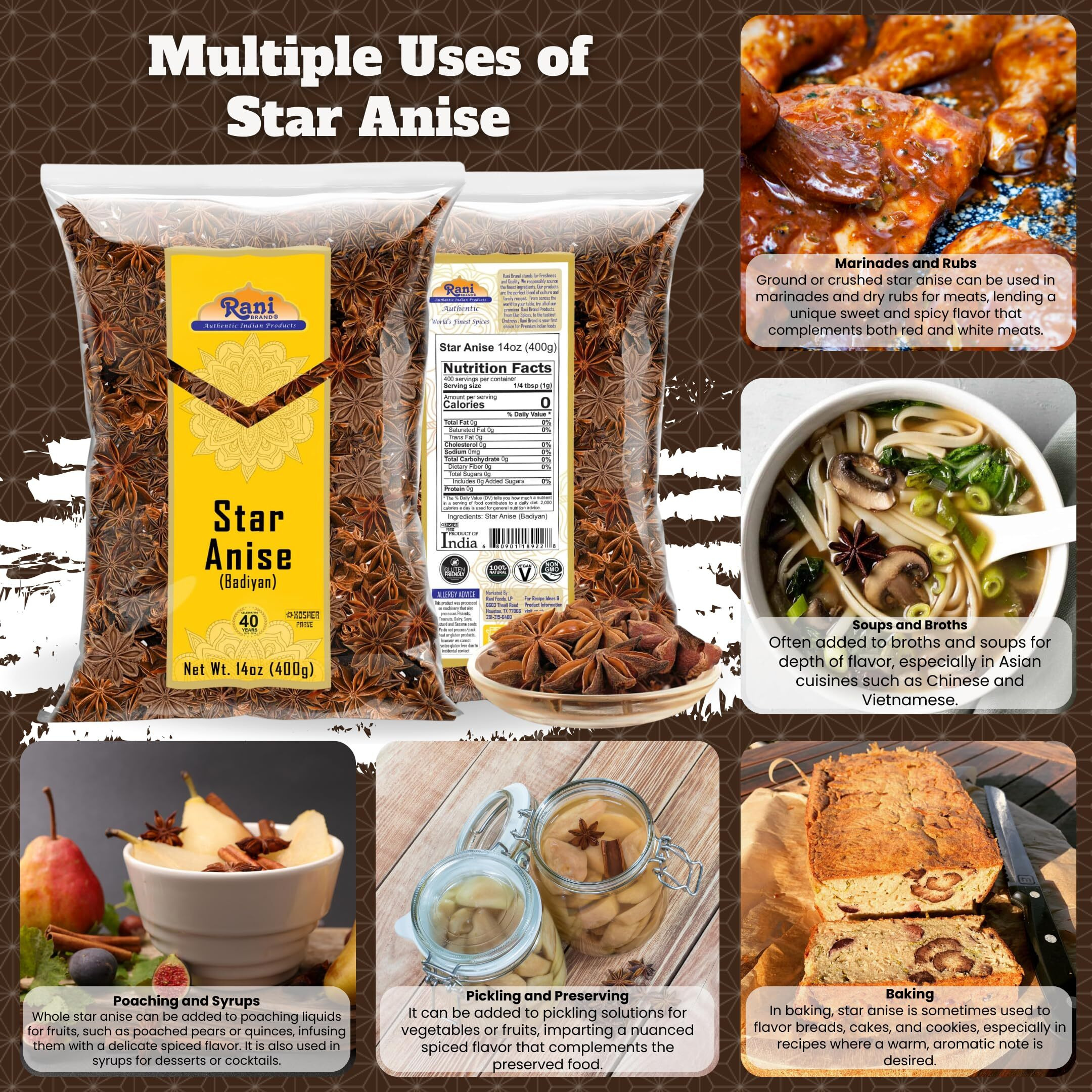 Rani Star Anise Seeds, Whole Pods (Badian Khatai) Spice 14oz (400g) ~ All Natural, Gluten Friendly, NON-GMO, Kosher, Vegan, Indian Origin (Size 14oz (400g))