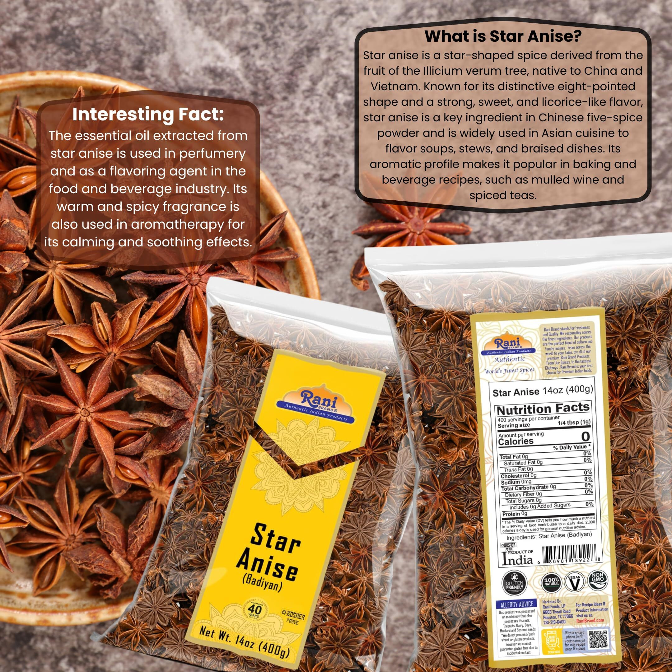 Rani Star Anise Seeds, Whole Pods (Badian Khatai) Spice 14oz (400g) ~ All Natural, Gluten Friendly, NON-GMO, Kosher, Vegan, Indian Origin (Size 14oz (400g))