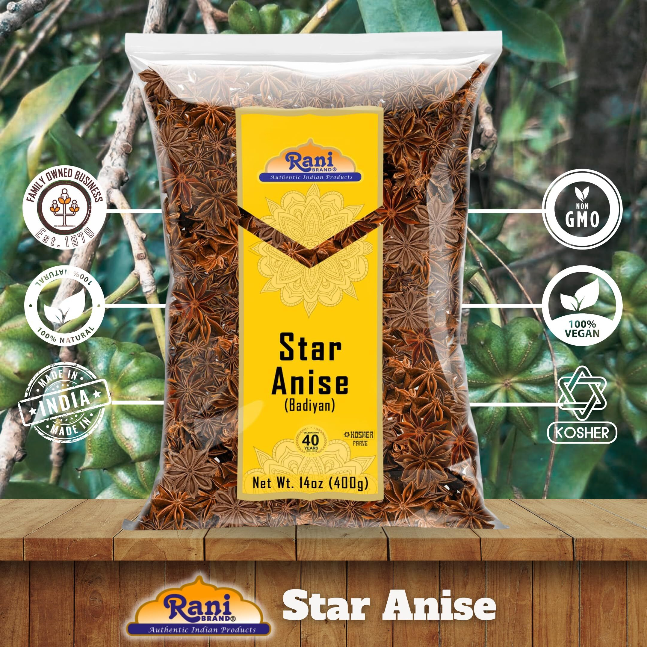 Rani Star Anise Seeds, Whole Pods (Badian Khatai) Spice 14oz (400g) ~ All Natural, Gluten Friendly, NON-GMO, Kosher, Vegan, Indian Origin (Size 14oz (400g))