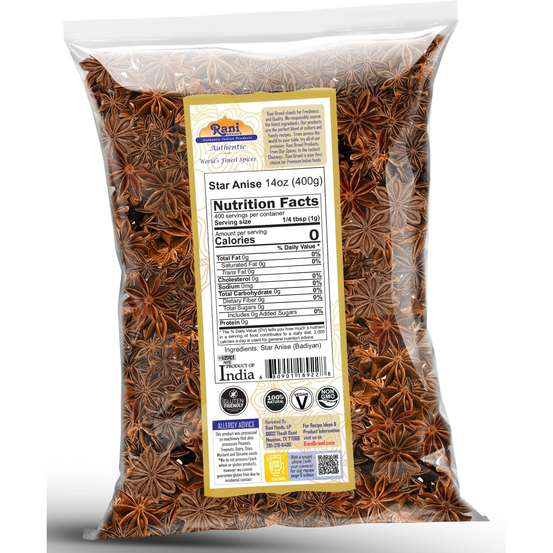 Rani Star Anise Seeds, Whole Pods (Badian Khatai) Spice 14oz (400g) ~ All Natural, Gluten Friendly, NON-GMO, Kosher, Vegan, Indian Origin (Size 14oz (400g))