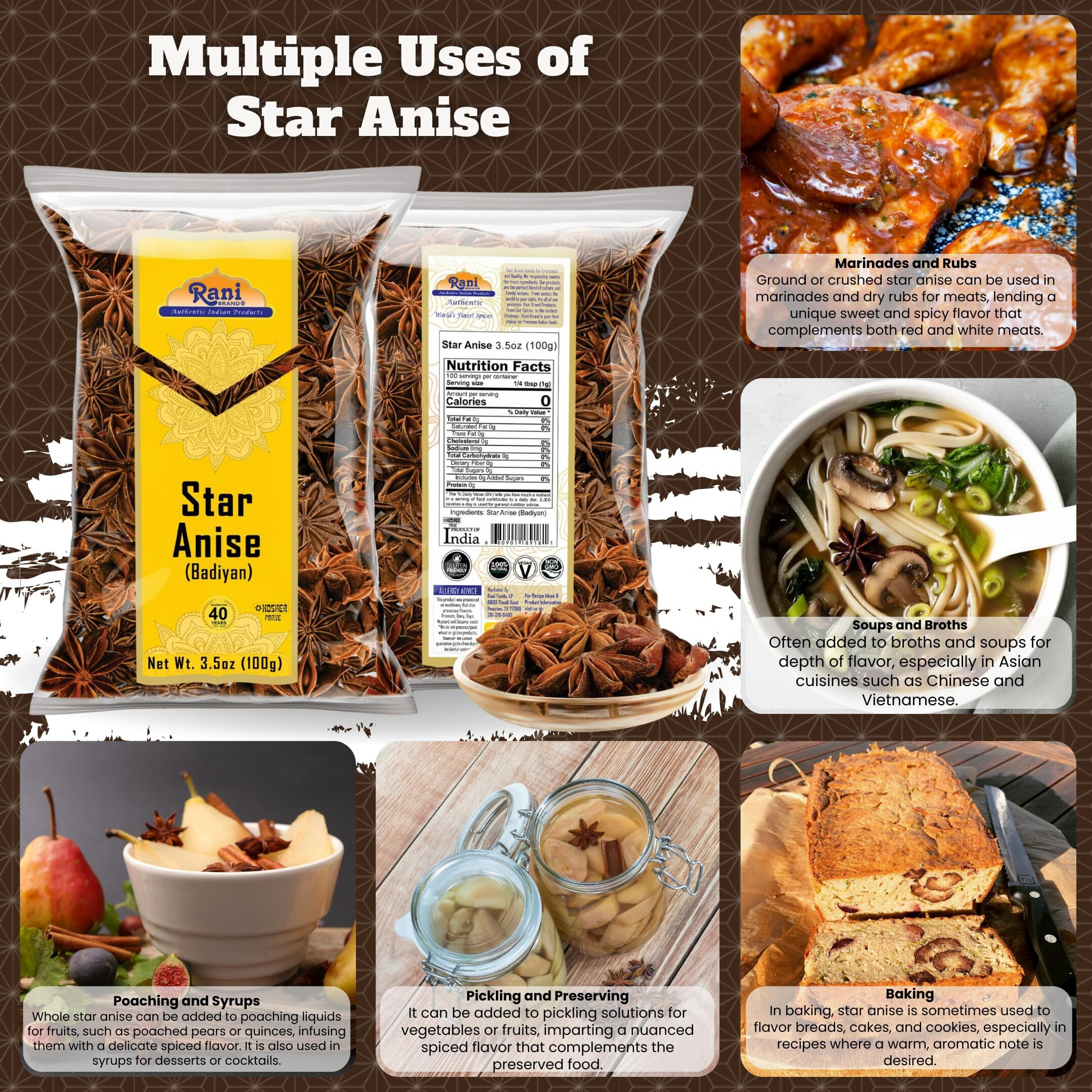 Rani Star Anise Seeds, Whole Pods (Badian Khatai) Spice 3.5oz (100g) ~ All Natural, Gluten Friendly, NON-GMO, Kosher, Vegan, Indian Origin (Size 3.5oz (100g))