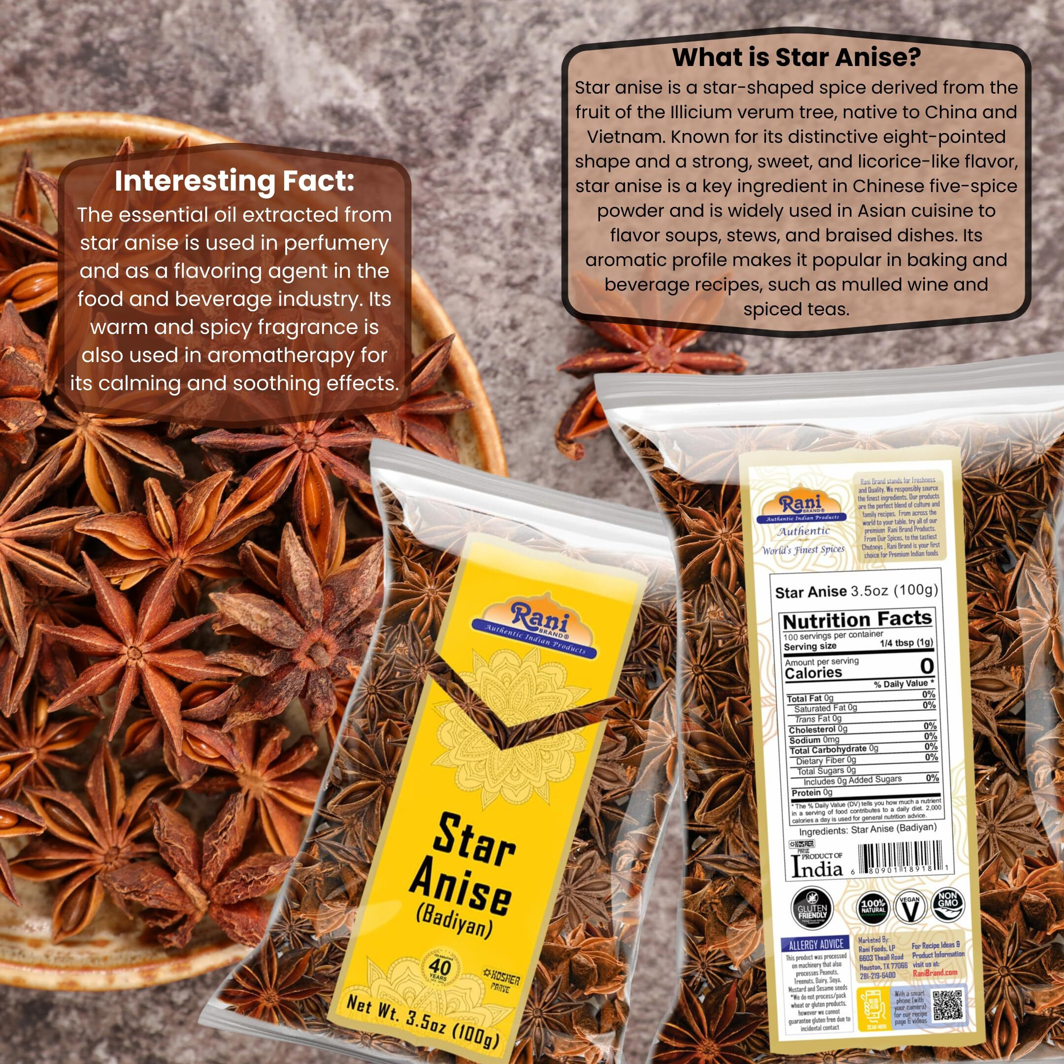 Rani Star Anise Seeds, Whole Pods (Badian Khatai) Spice 3.5oz (100g) ~ All Natural, Gluten Friendly, NON-GMO, Kosher, Vegan, Indian Origin (Size 3.5oz (100g))