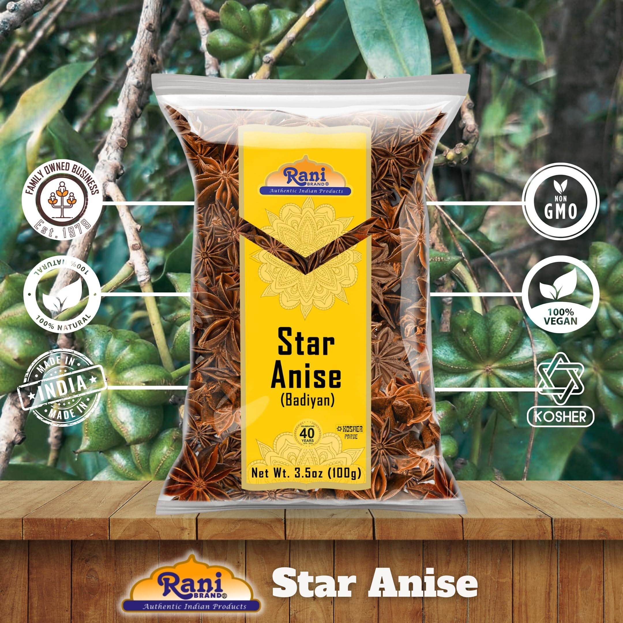 Rani Star Anise Seeds, Whole Pods (Badian Khatai) Spice 3.5oz (100g) ~ All Natural, Gluten Friendly, NON-GMO, Kosher, Vegan, Indian Origin (Size 3.5oz (100g))
