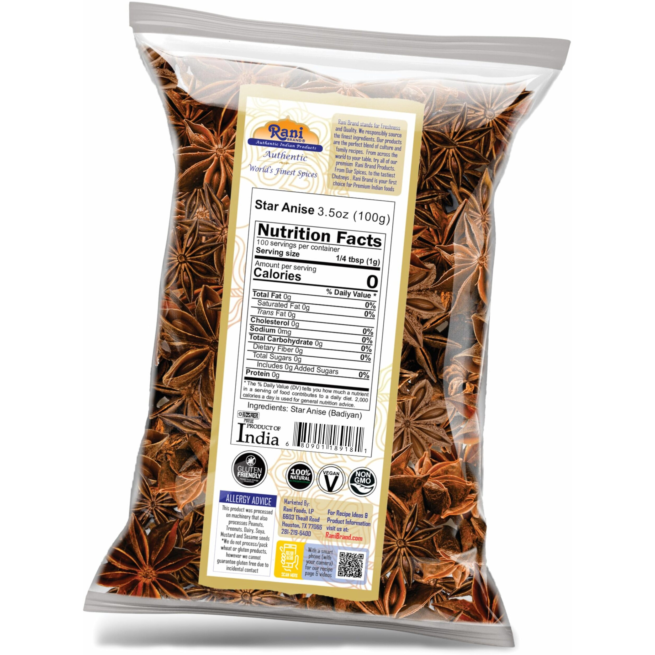 Rani Star Anise Seeds, Whole Pods (Badian Khatai) Spice 3.5oz (100g) ~ All Natural, Gluten Friendly, NON-GMO, Kosher, Vegan, Indian Origin (Size 3.5oz (100g))