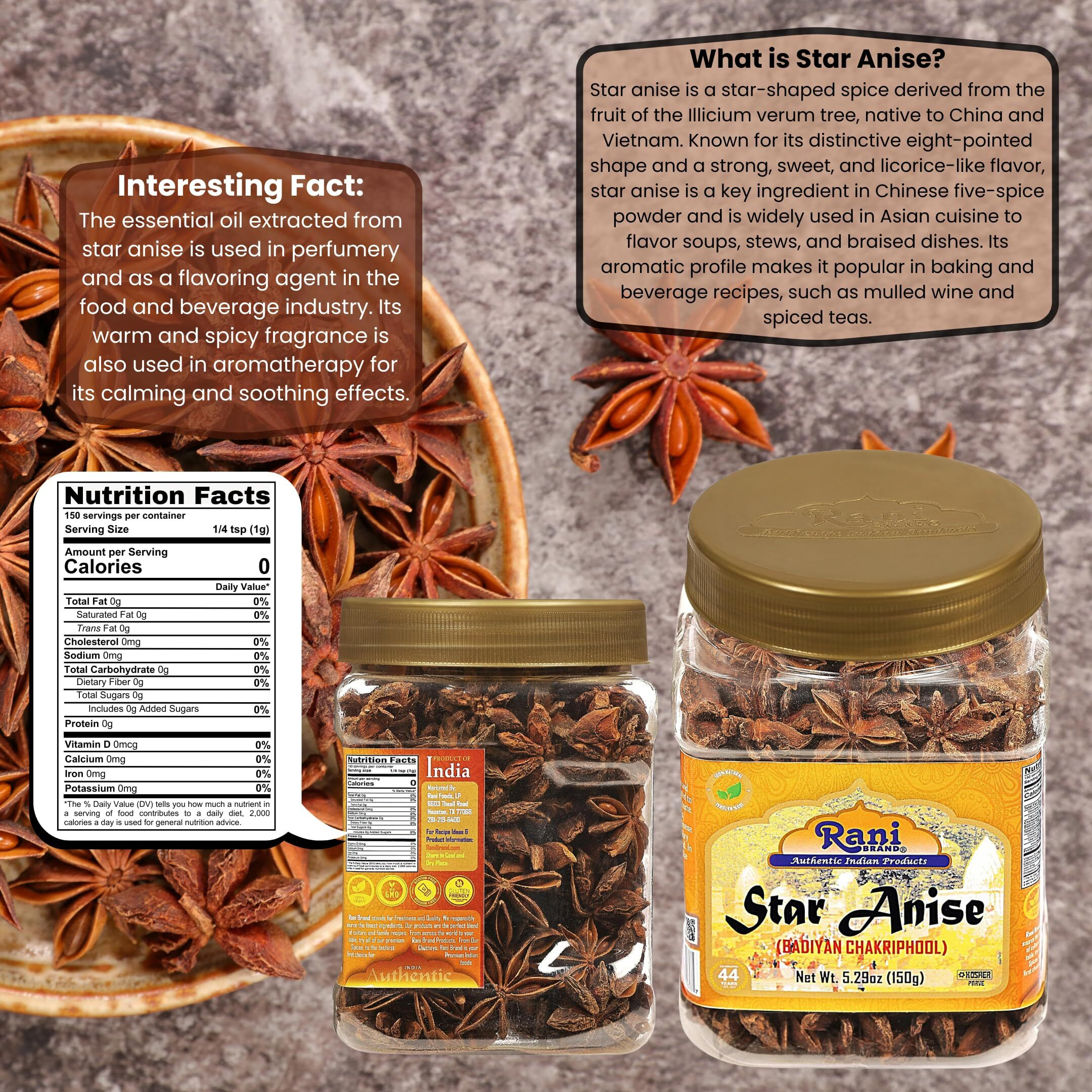 Rani Star Anise Seeds, Whole Pods (Badian Khatai) Spice 5.29oz (150g) PET Jar ~ All Natural, Gluten Friendly, NON-GMO, Kosher, Vegan, Indian Origin (Size 5.29oz (150g))