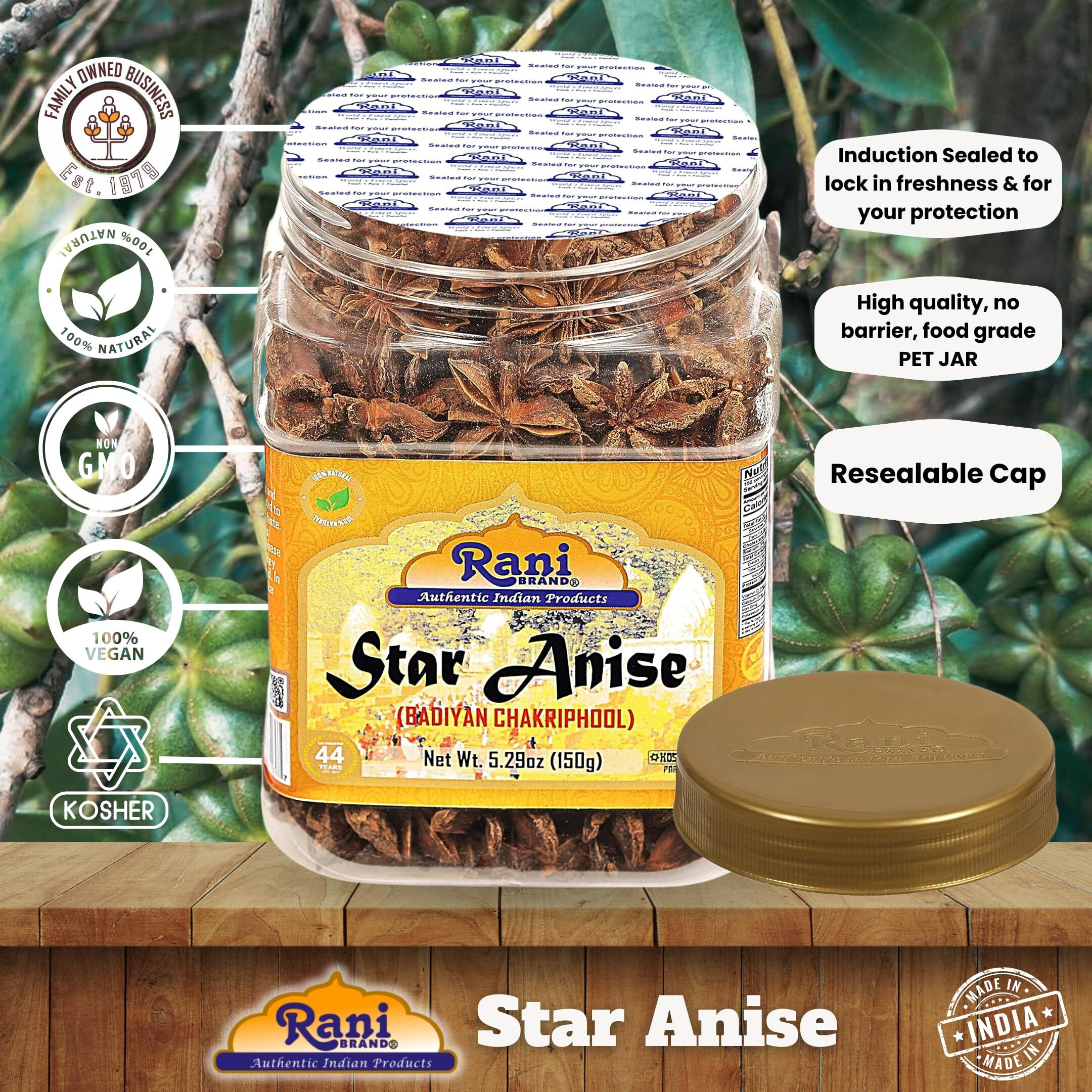 Rani Star Anise Seeds, Whole Pods (Badian Khatai) Spice 5.29oz (150g) PET Jar ~ All Natural, Gluten Friendly, NON-GMO, Kosher, Vegan, Indian Origin (Size 5.29oz (150g))