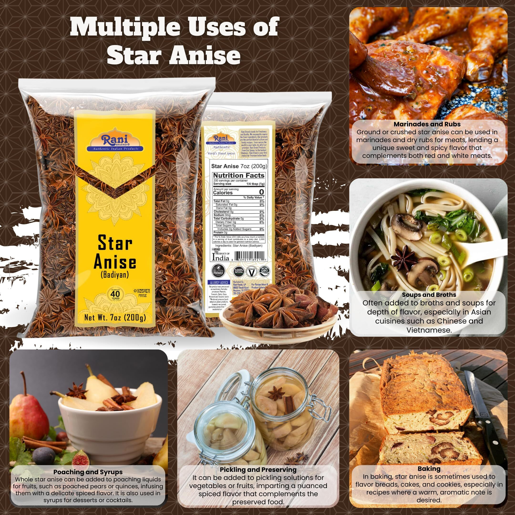 Rani Star Anise Seeds, Whole Pods (Badian Khatai) Spice 7oz (200g) ~ All Natural, Gluten Friendly, NON-GMO, Kosher, Vegan, Indian Origin (Size 7oz (200g))