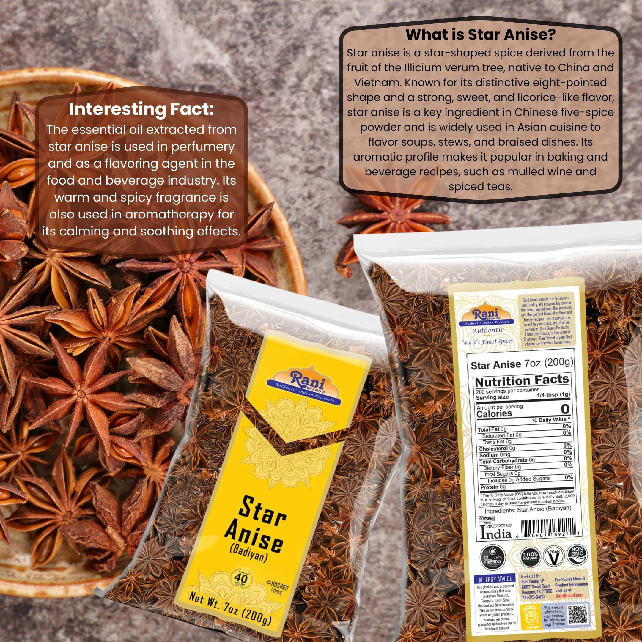 Rani Star Anise Seeds, Whole Pods (Badian Khatai) Spice 7oz (200g) ~ All Natural, Gluten Friendly, NON-GMO, Kosher, Vegan, Indian Origin (Size 7oz (200g))
