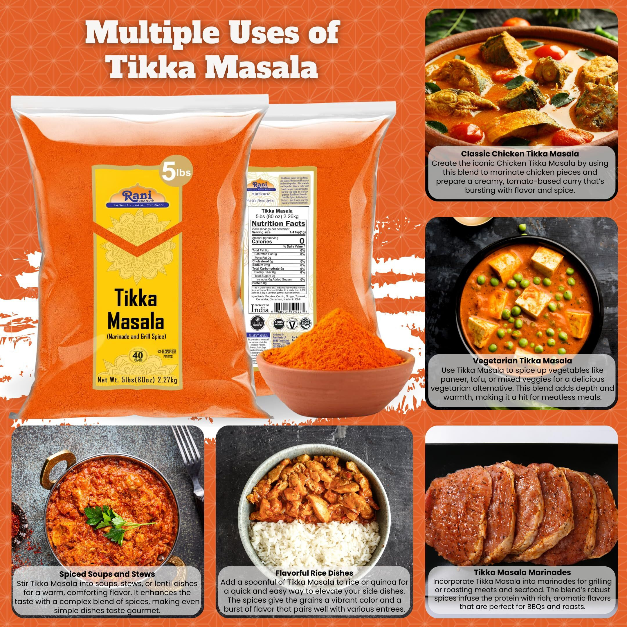 Rani Tikka Masala Indian 7-Spice Blend 80oz (5lbs) 2.27kg Bulk ~ All Natural, Salt-Free, Vegan, No Colors, Gluten Friendly, NON-GMO, Kosher, Indian Origin (Size 80oz (5lbs) 2.27kg)