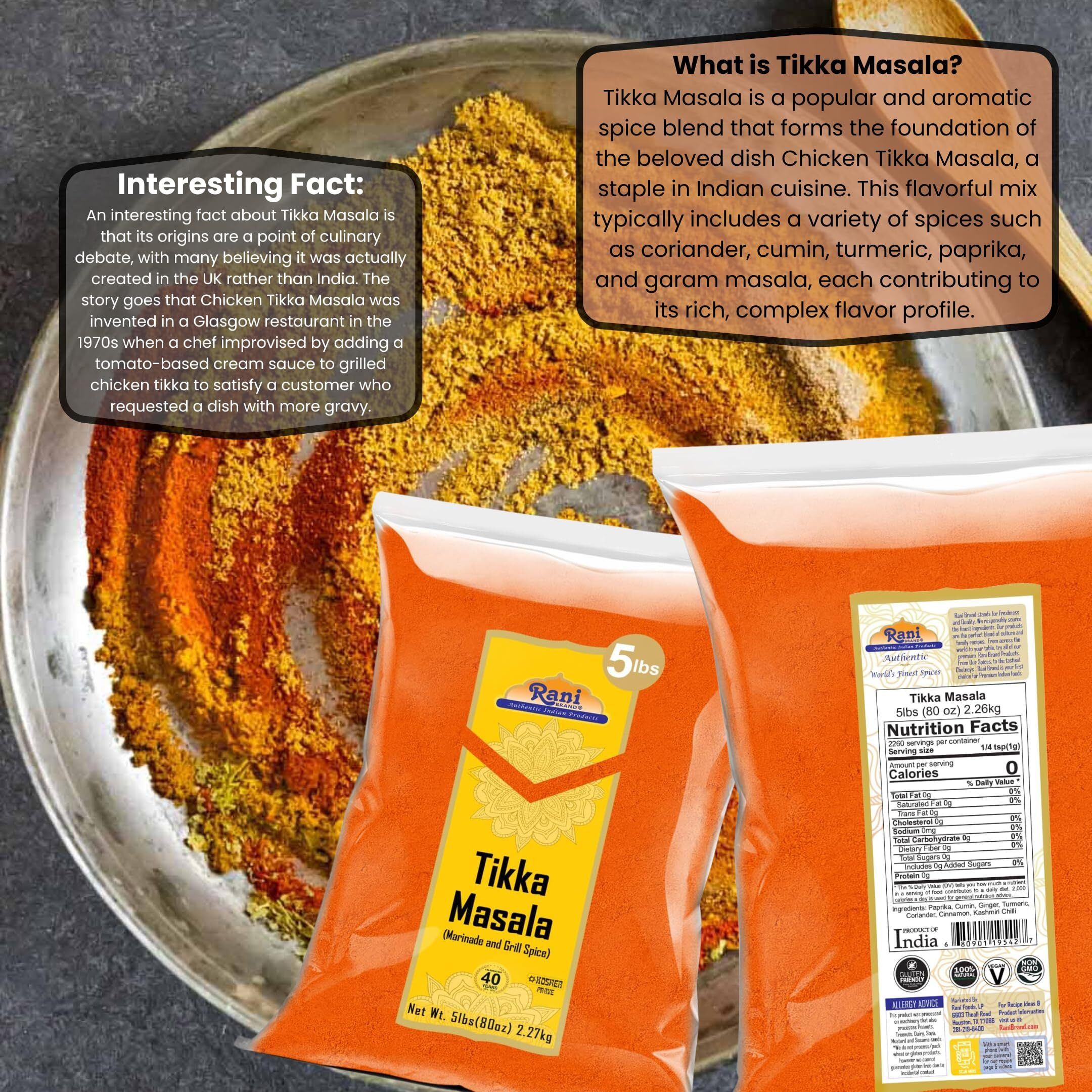 Rani Tikka Masala Indian 7-Spice Blend 80oz (5lbs) 2.27kg Bulk ~ All Natural, Salt-Free, Vegan, No Colors, Gluten Friendly, NON-GMO, Kosher, Indian Origin (Size 80oz (5lbs) 2.27kg)