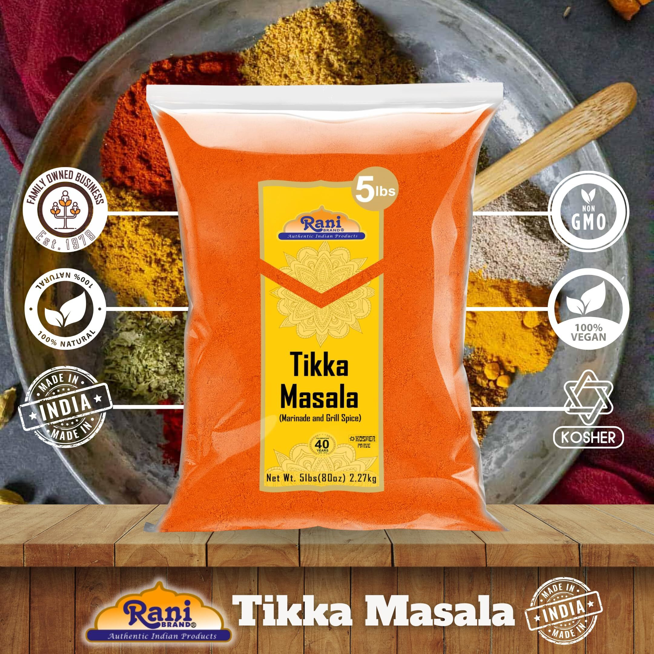 Rani Tikka Masala Indian 7-Spice Blend 80oz (5lbs) 2.27kg Bulk ~ All Natural, Salt-Free, Vegan, No Colors, Gluten Friendly, NON-GMO, Kosher, Indian Origin (Size 80oz (5lbs) 2.27kg)
