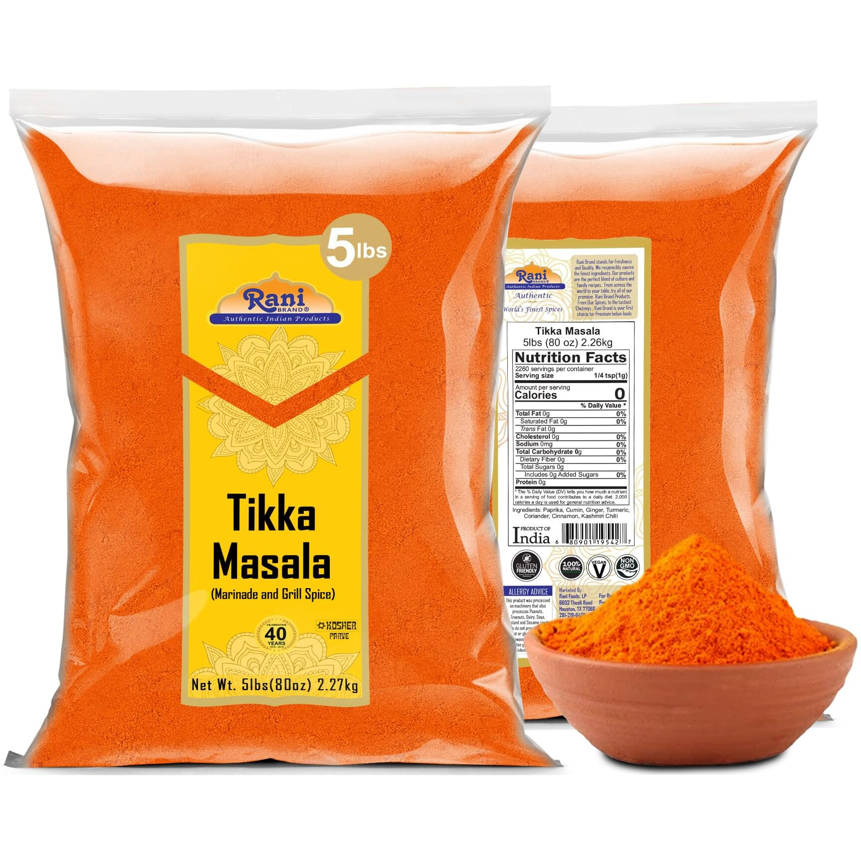 Rani Tikka Masala Indian 7-Spice Blend 80oz (5lbs) 2.27kg Bulk ~ All Natural, Salt-Free, Vegan, No Colors, Gluten Friendly, NON-GMO, Kosher, Indian Origin (Size 80oz (5lbs) 2.27kg)