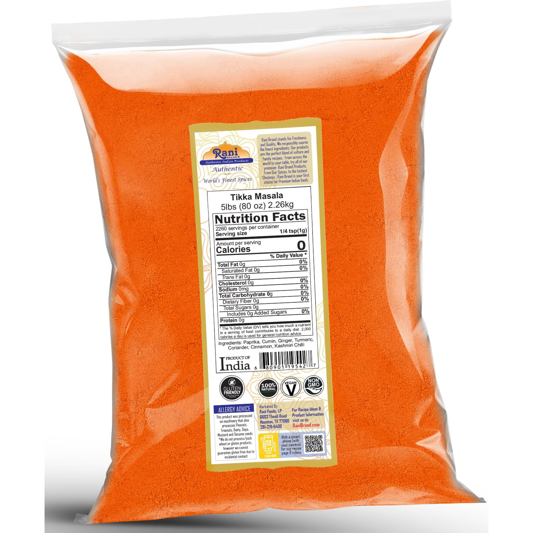 Rani Tikka Masala Indian 7-Spice Blend 80oz (5lbs) 2.27kg Bulk ~ All Natural, Salt-Free, Vegan, No Colors, Gluten Friendly, NON-GMO, Kosher, Indian Origin (Size 80oz (5lbs) 2.27kg)