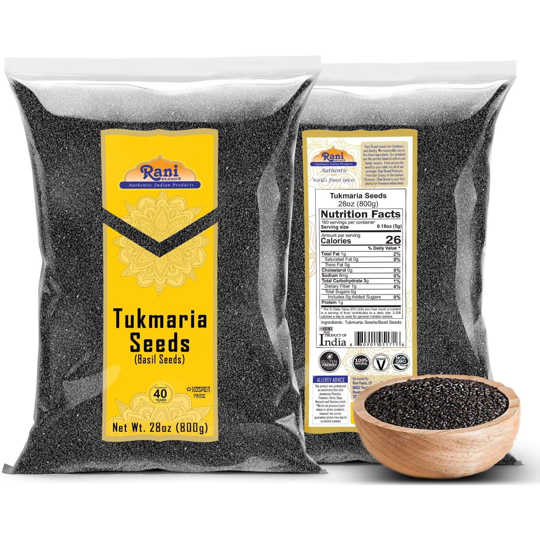 Rani Tukmaria (Holy Basil Seeds) 28oz (800g) Used for Falooda / Sabja Dessert, Spice & Ayurveda Herbal ~ All Natural, Gluten Friendly, NON-GMO, Kosher, Vegan, Indian Origin (Size 28oz (800g))
