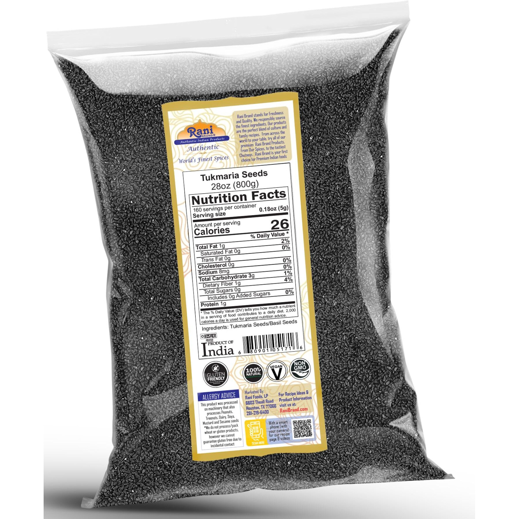 Rani Tukmaria (Holy Basil Seeds) 28oz (800g) Used for Falooda / Sabja Dessert, Spice & Ayurveda Herbal ~ All Natural, Gluten Friendly, NON-GMO, Kosher, Vegan, Indian Origin (Size 28oz (800g))