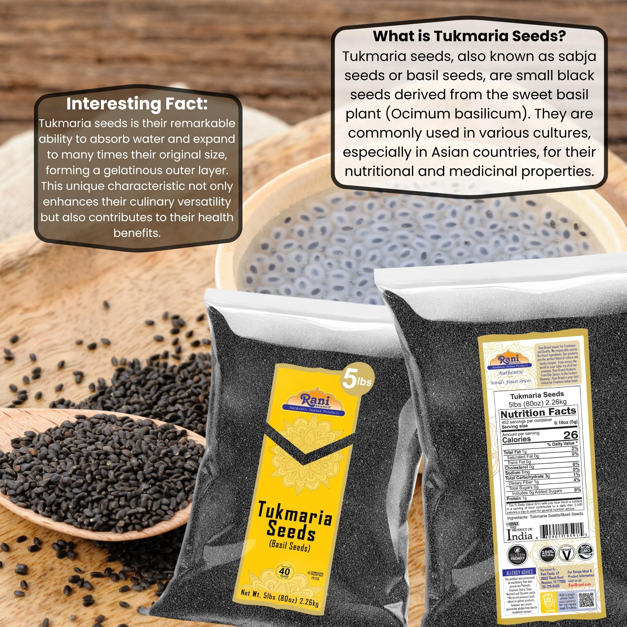 Rani Tukmaria (Holy Basil Seeds) 80oz (5lbs) 2.27kg Used for Falooda / Sabja Dessert, Spice & Ayurveda Herbal ~ All Natural, Gluten Friendly, NON-GMO, Kosher, Vegan, Indian Origin (Size 80oz (5lbs) 2.27kg)