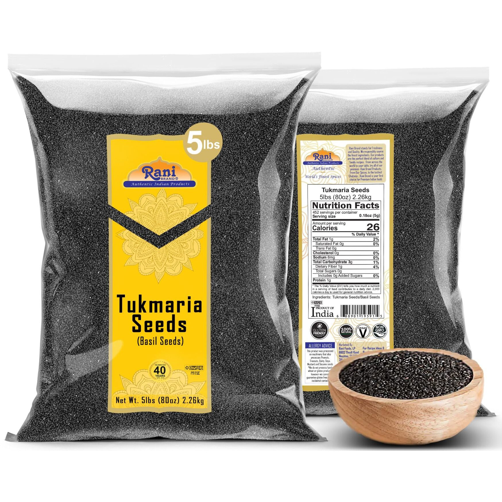 Rani Tukmaria (Holy Basil Seeds) 80oz (5lbs) 2.27kg Used for Falooda / Sabja Dessert, Spice & Ayurveda Herbal ~ All Natural, Gluten Friendly, NON-GMO, Kosher, Vegan, Indian Origin (Size 80oz (5lbs) 2.27kg)