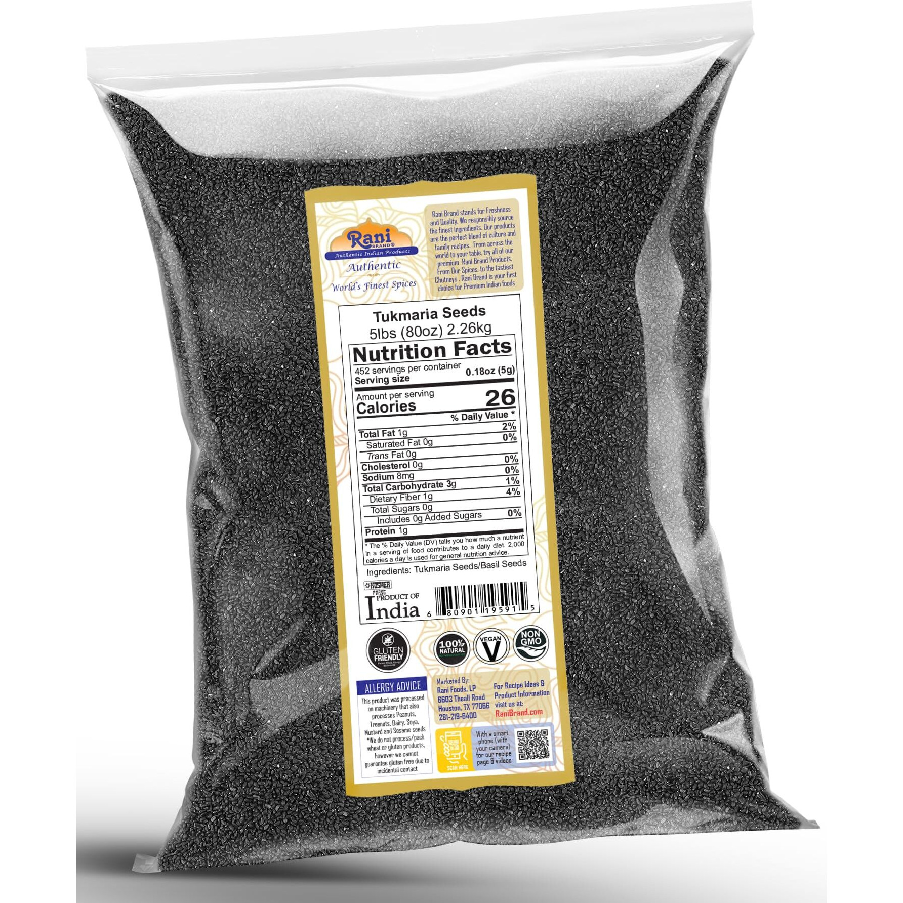 Rani Tukmaria (Holy Basil Seeds) 80oz (5lbs) 2.27kg Used for Falooda / Sabja Dessert, Spice & Ayurveda Herbal ~ All Natural, Gluten Friendly, NON-GMO, Kosher, Vegan, Indian Origin (Size 80oz (5lbs) 2.27kg)