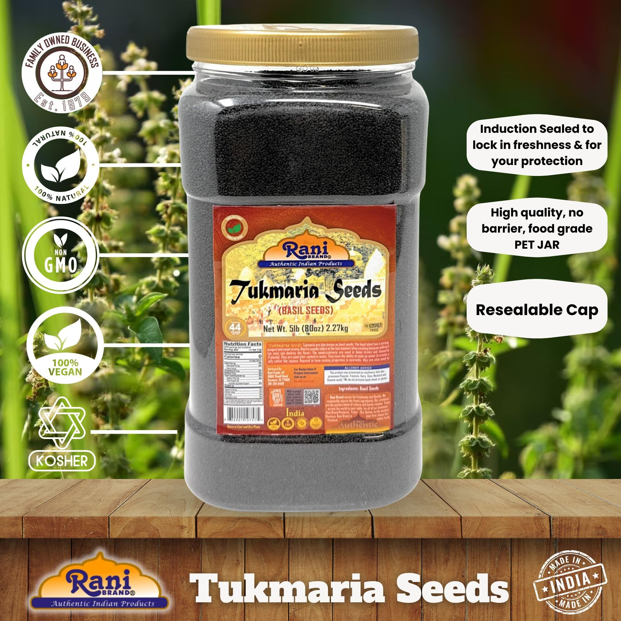 Rani Tukmaria (Holy Basil Seeds) 80oz (5lbs) 2.27kg, PET Jar, Used for Falooda / Sabja Dessert, Spice & Ayurveda Herbal ~ All Natural, Gluten Friendly, NON-GMO, Kosher, Vegan, Indian Origin (Size 80oz (5lbs) 2.27kg)