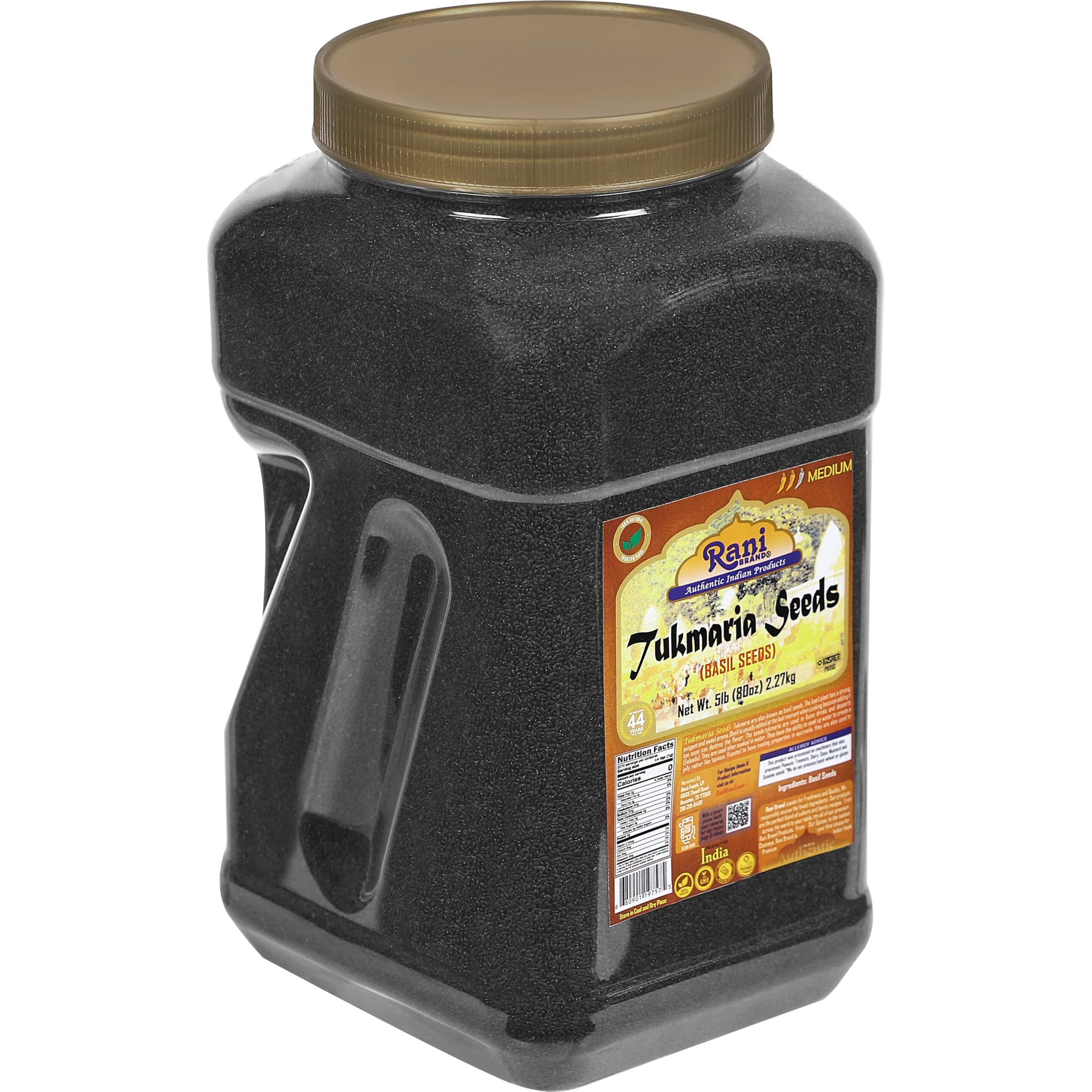 Rani Tukmaria (Holy Basil Seeds) 80oz (5lbs) 2.27kg, PET Jar, Used for Falooda / Sabja Dessert, Spice & Ayurveda Herbal ~ All Natural, Gluten Friendly, NON-GMO, Kosher, Vegan, Indian Origin (Size 80oz (5lbs) 2.27kg)