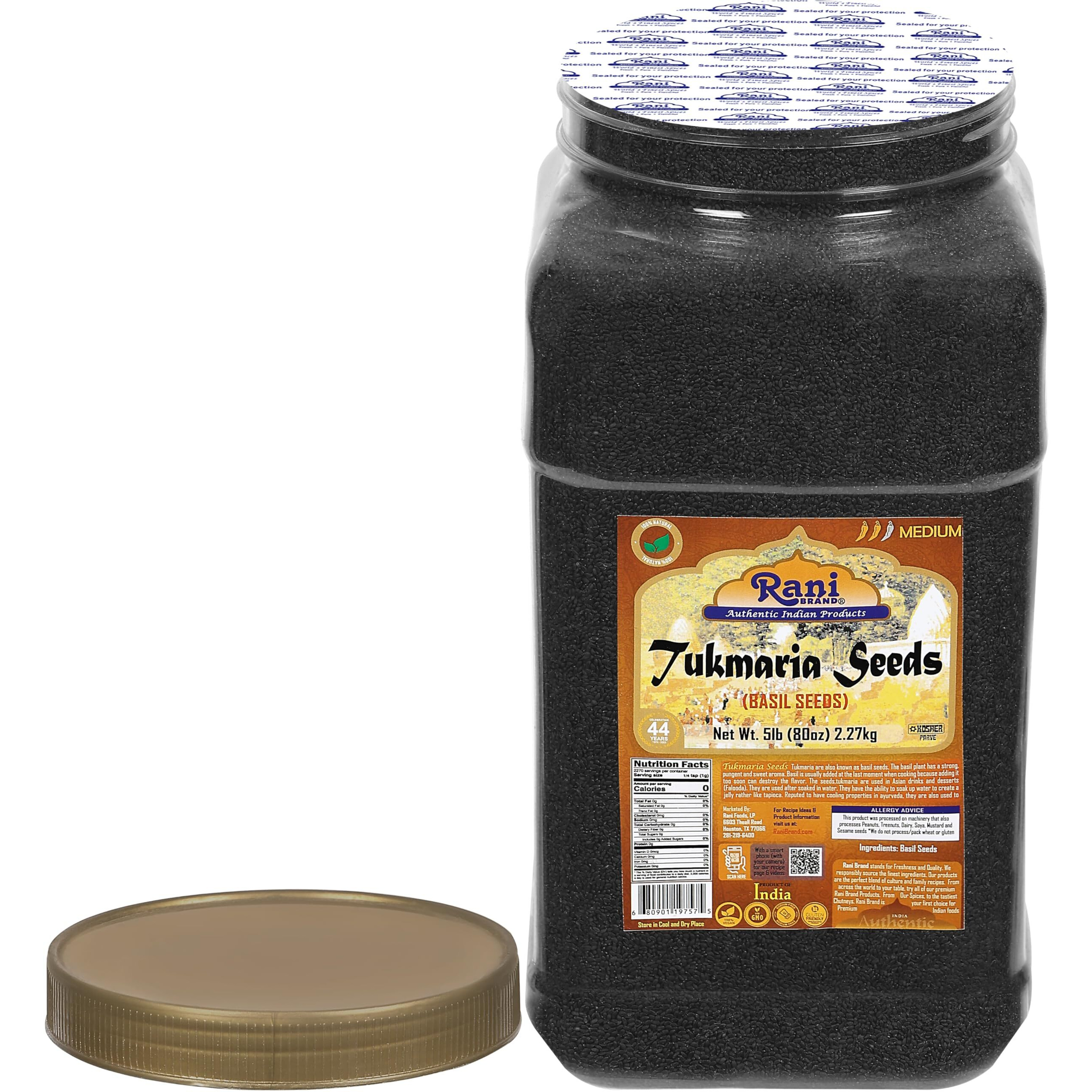 Rani Tukmaria (Holy Basil Seeds) 80oz (5lbs) 2.27kg, PET Jar, Used for Falooda / Sabja Dessert, Spice & Ayurveda Herbal ~ All Natural, Gluten Friendly, NON-GMO, Kosher, Vegan, Indian Origin (Size 80oz (5lbs) 2.27kg)