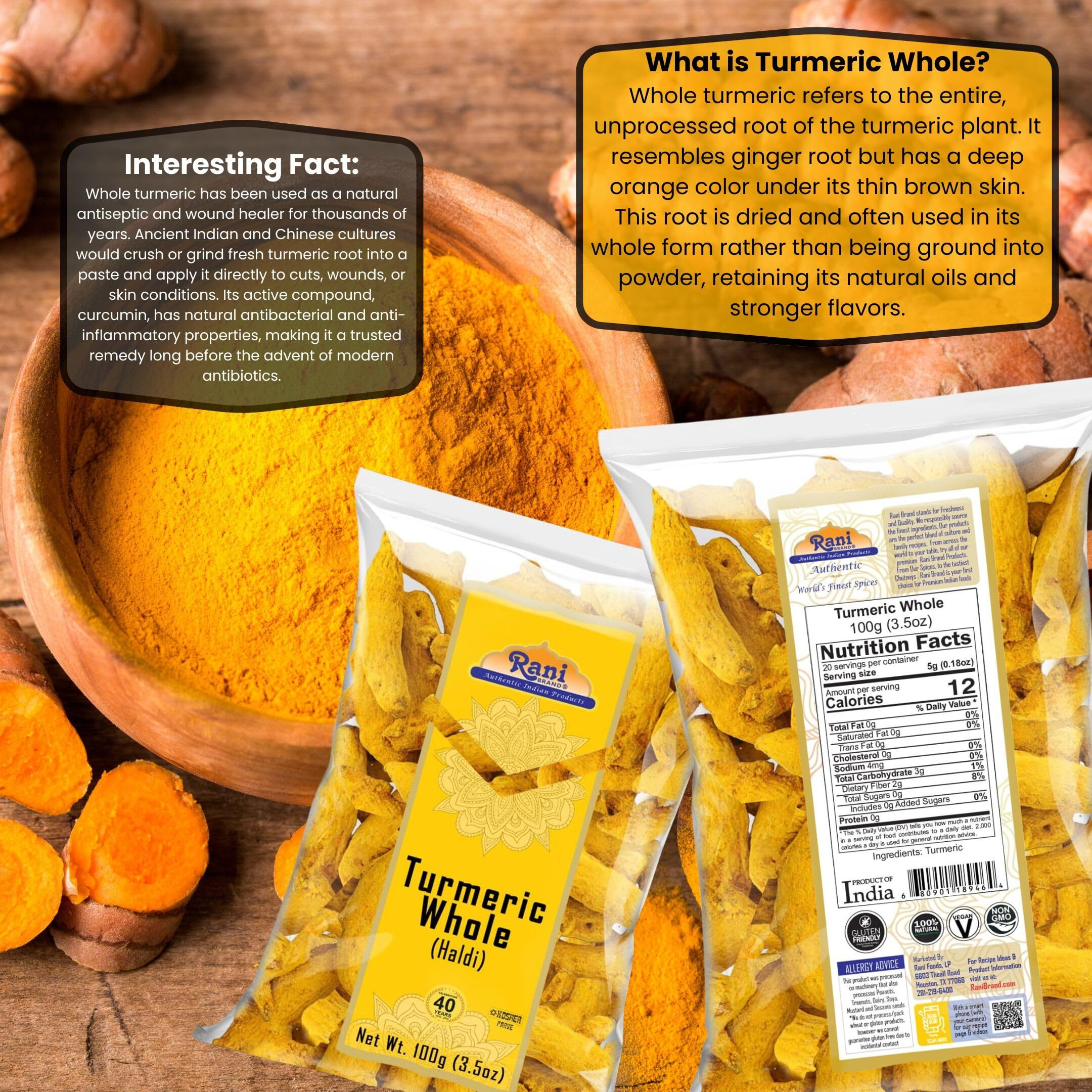 Rani Turmeric (Haldi) Root Whole Spice, Dried 3.5oz (100g) ~ All Natural, 100% Pure, Vegan, Gluten Friendly, NON-GMO, Kosher, Indian Origin (Size 3.5oz (100g))