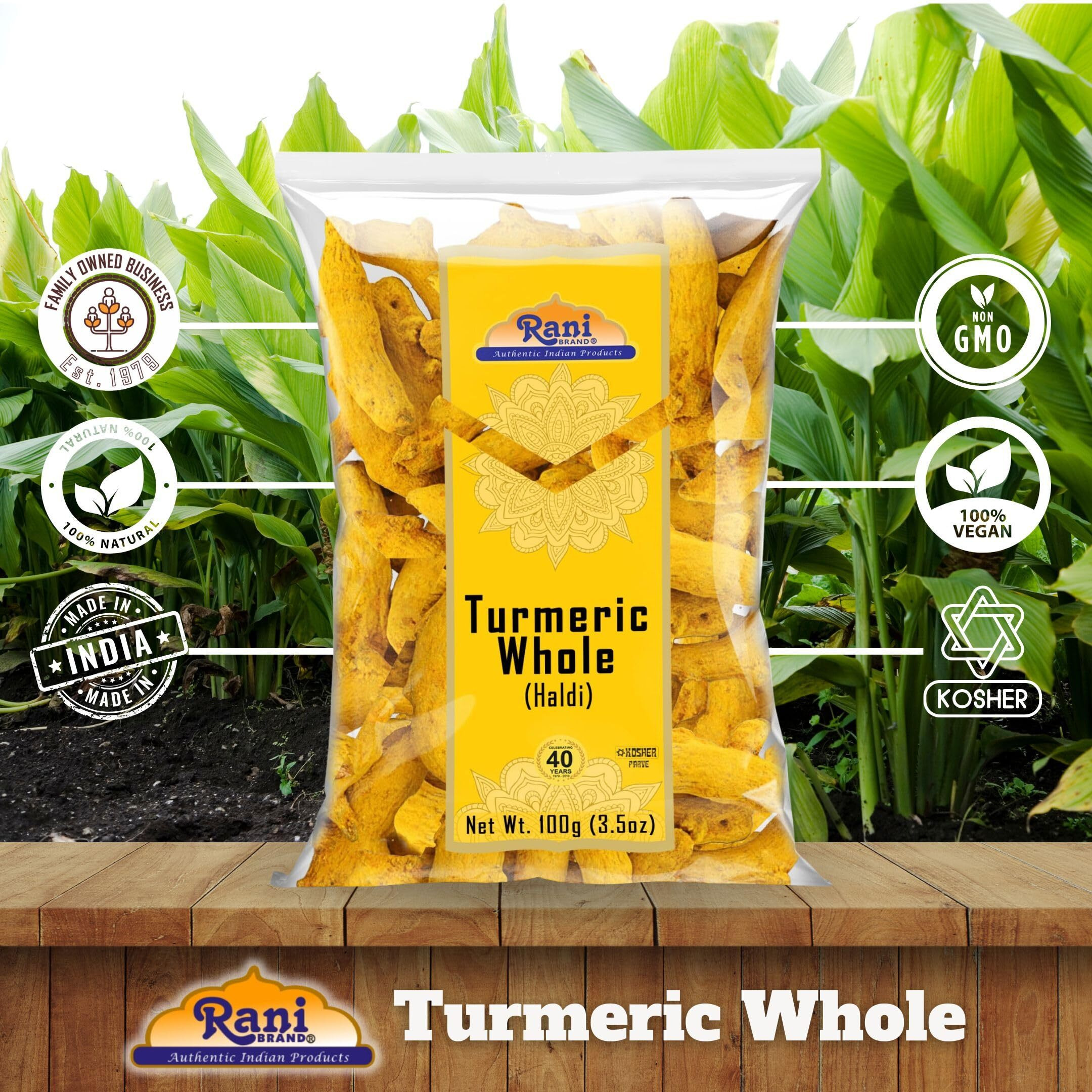 Rani Turmeric (Haldi) Root Whole Spice, Dried 3.5oz (100g) ~ All Natural, 100% Pure, Vegan, Gluten Friendly, NON-GMO, Kosher, Indian Origin (Size 3.5oz (100g))