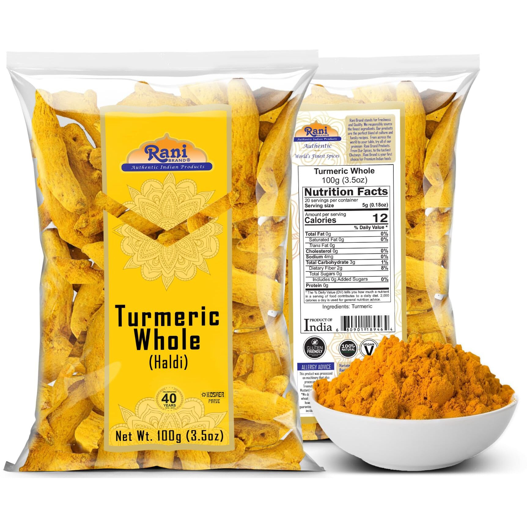 Rani Turmeric (Haldi) Root Whole Spice, Dried 3.5oz (100g) ~ All Natural, 100% Pure, Vegan, Gluten Friendly, NON-GMO, Kosher, Indian Origin (Size 3.5oz (100g))