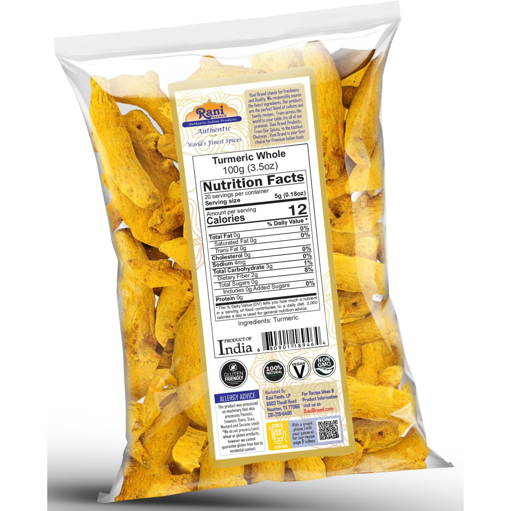 Rani Turmeric (Haldi) Root Whole Spice, Dried 3.5oz (100g) ~ All Natural, 100% Pure, Vegan, Gluten Friendly, NON-GMO, Kosher, Indian Origin (Size 3.5oz (100g))