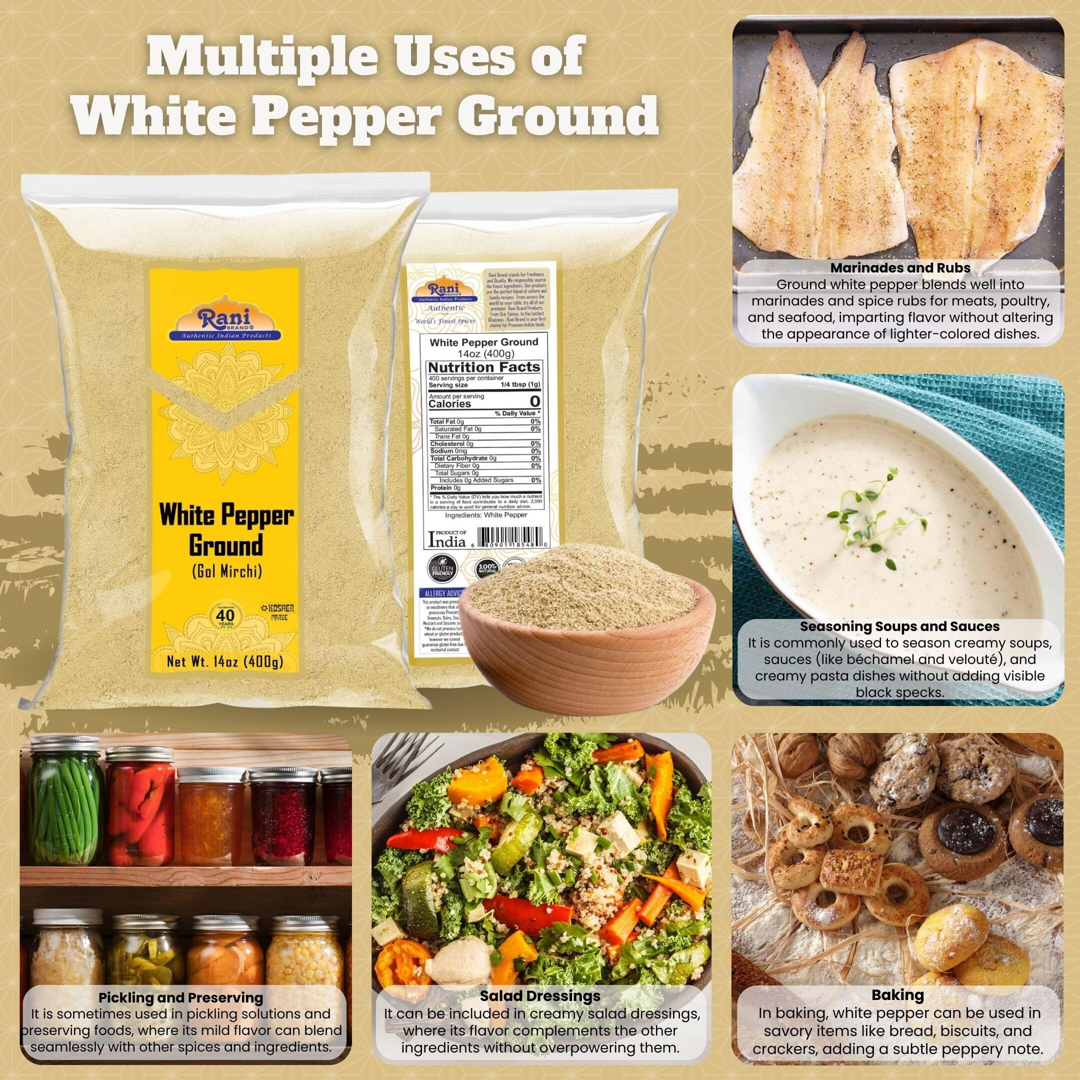 Rani White Pepper (Gol Mirch), Ground Spice 14oz (400g) ~ All Natural, Vegan, Gluten Friendly, NON-GMO, Kosher, Indian Origin (Size 14oz (400g))