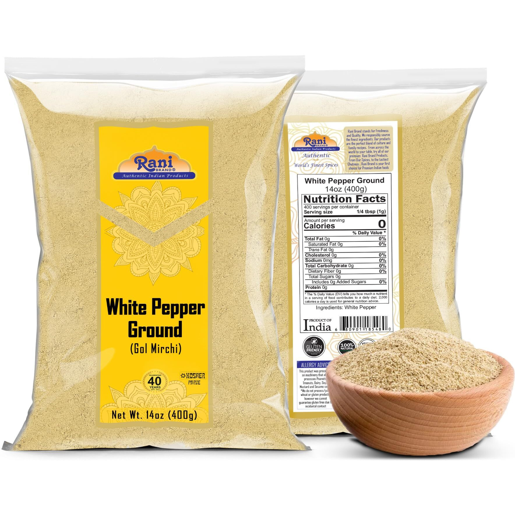 Rani White Pepper (Gol Mirch), Ground Spice 14oz (400g) ~ All Natural, Vegan, Gluten Friendly, NON-GMO, Kosher, Indian Origin (Size 14oz (400g))