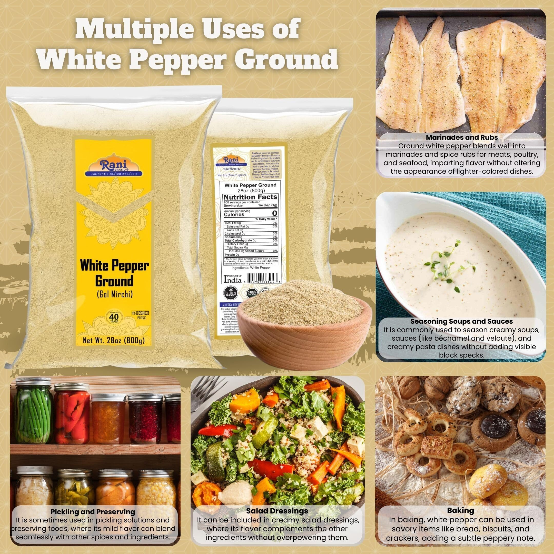 Rani White Pepper (Gol Mirch), Ground Spice 28oz (1.75lbs) 800g ~ All Natural, Vegan, Gluten Friendly, NON-GMO, Kosher, Indian Origin (Size 28oz (1.75lbs) 800g)