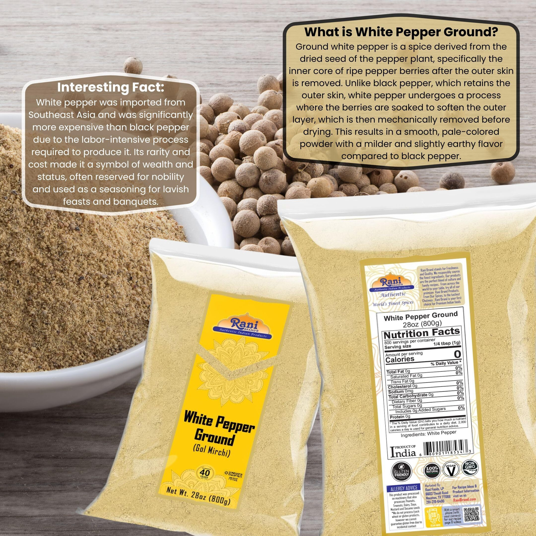 Rani White Pepper (Gol Mirch), Ground Spice 28oz (1.75lbs) 800g ~ All Natural, Vegan, Gluten Friendly, NON-GMO, Kosher, Indian Origin (Size 28oz (1.75lbs) 800g)