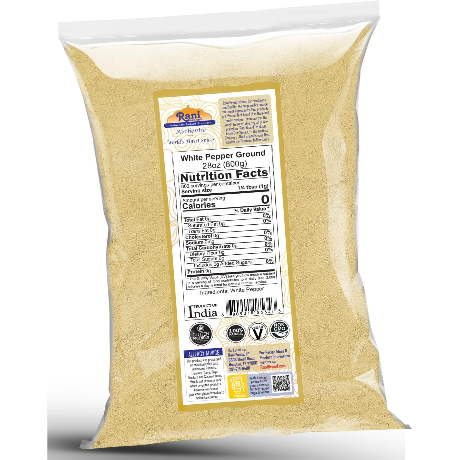 Rani White Pepper (Gol Mirch), Ground Spice 28oz (1.75lbs) 800g ~ All Natural, Vegan, Gluten Friendly, NON-GMO, Kosher, Indian Origin (Size 28oz (1.75lbs) 800g)