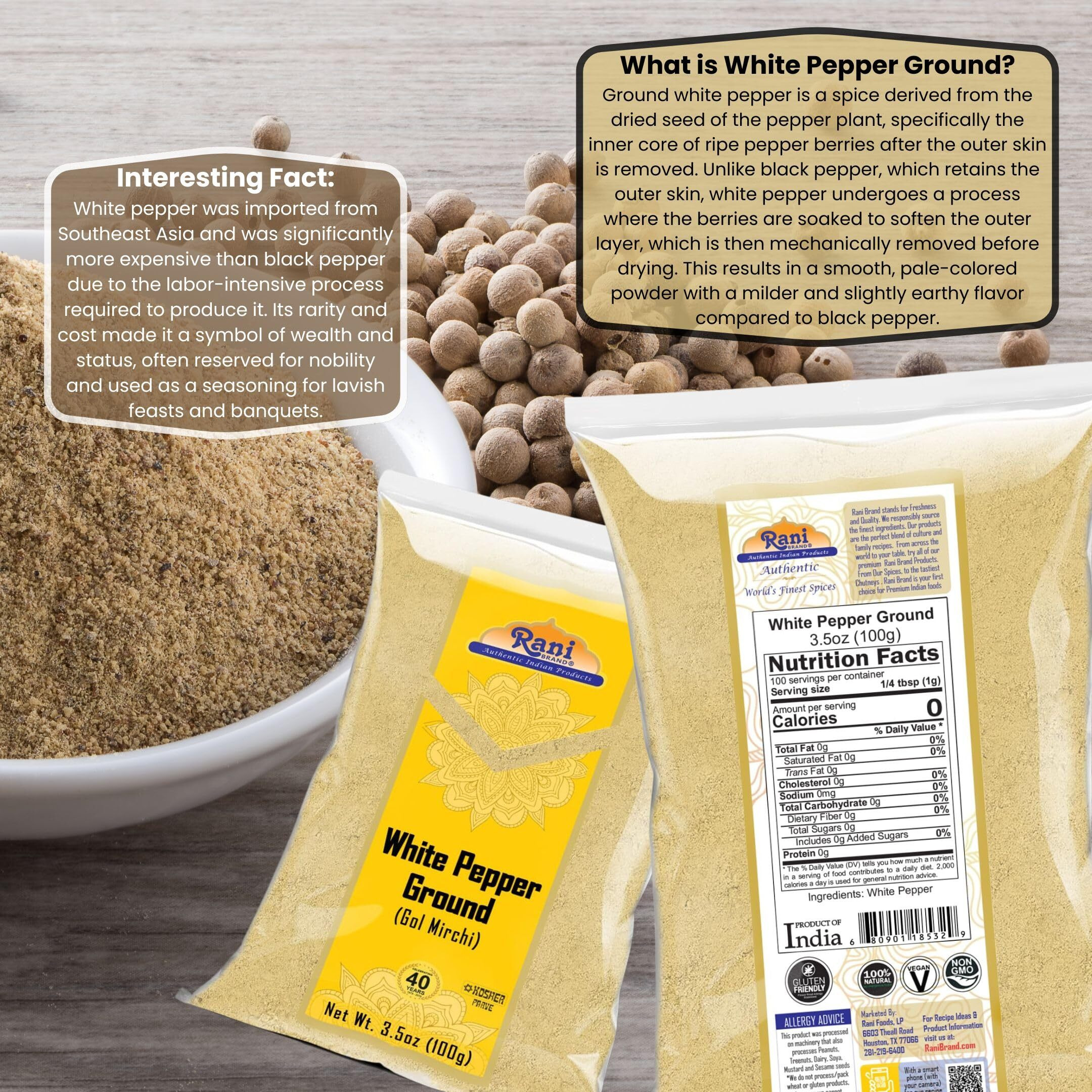 Rani White Pepper (Gol Mirch), Ground Spice 3.5oz (100g) ~ All Natural, Vegan, Gluten Friendly| NON-GMO, Indian Origin (Size 3.5oz (100g))