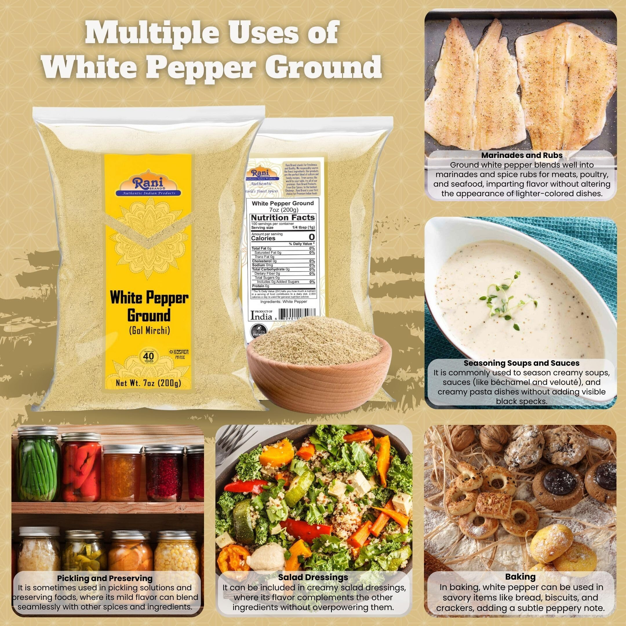Rani White Pepper (Gol Mirch), Ground Spice 7oz (200g) ~ All Natural, Vegan, Gluten Friendly, NON-GMO, Kosher, Indian Origin (Size 7oz (200g))