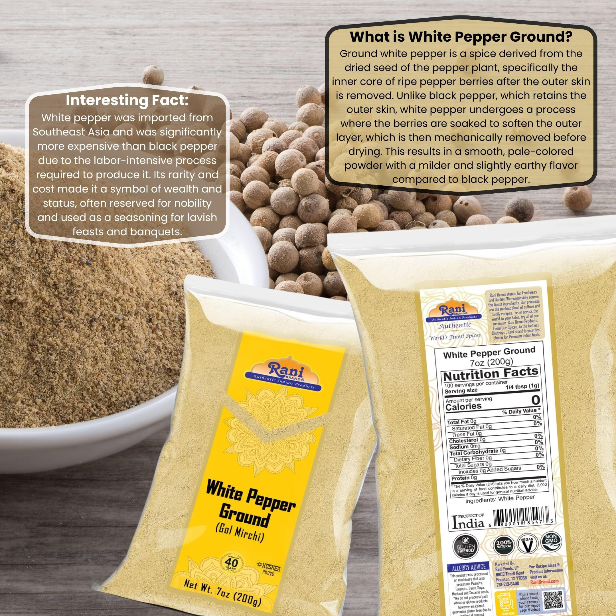 Rani White Pepper (Gol Mirch), Ground Spice 7oz (200g) ~ All Natural, Vegan, Gluten Friendly, NON-GMO, Kosher, Indian Origin (Size 7oz (200g))