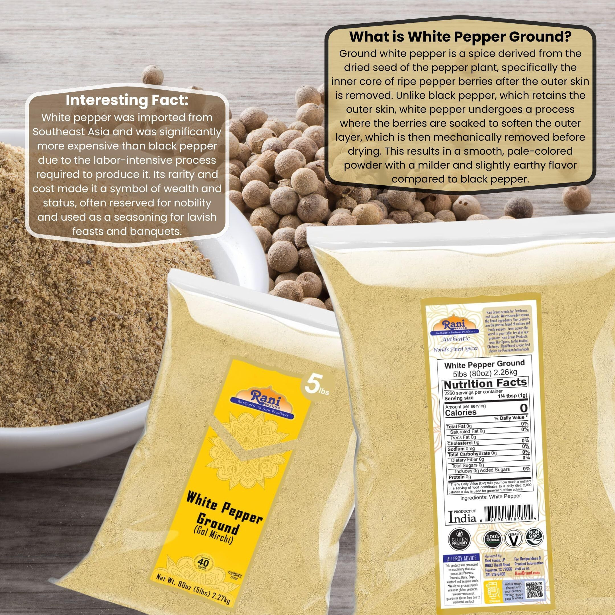 Rani White Pepper (Gol Mirch), Ground Spice 80oz (5lbs) 2.27kg Bulk ~ All Natural, Vegan, Gluten Friendly, NON-GMO, Kosher, Indian Origin (Size 80oz (5lbs) 2.27kg)