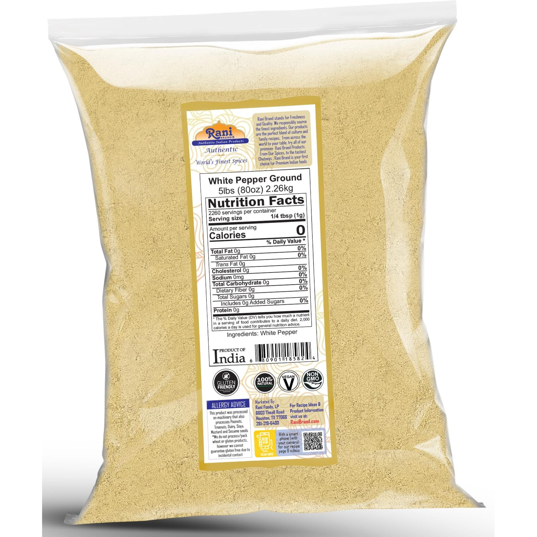 Rani White Pepper (Gol Mirch), Ground Spice 80oz (5lbs) 2.27kg Bulk ~ All Natural, Vegan, Gluten Friendly, NON-GMO, Kosher, Indian Origin (Size 80oz (5lbs) 2.27kg)