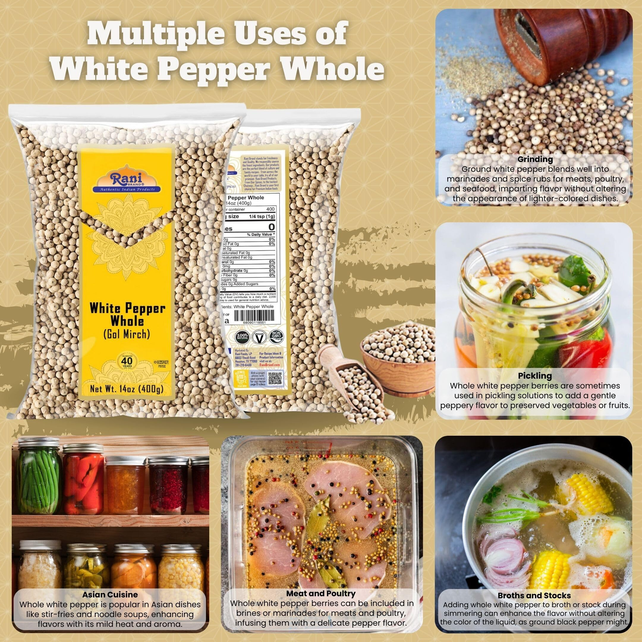 Rani White Pepper (Gol Mirch), Whole Spice 14oz (400g) ~ All Natural, Vegan, Gluten Friendly, NON-GMO, Kosher, Indian Origin (Size 14oz (400g))